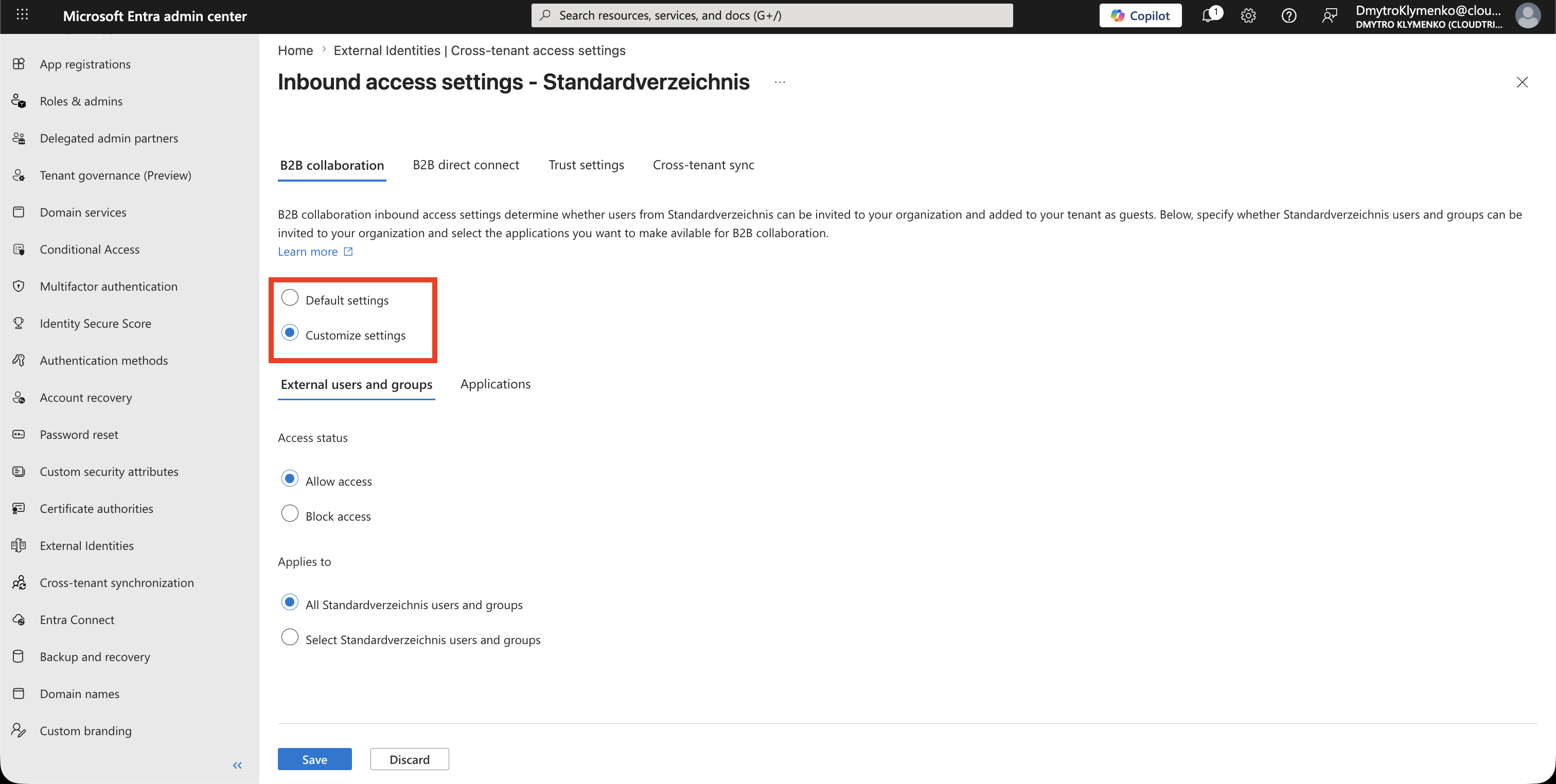 Partner-specific Inbound access settings with B2B collaboration open and Customize settings selected