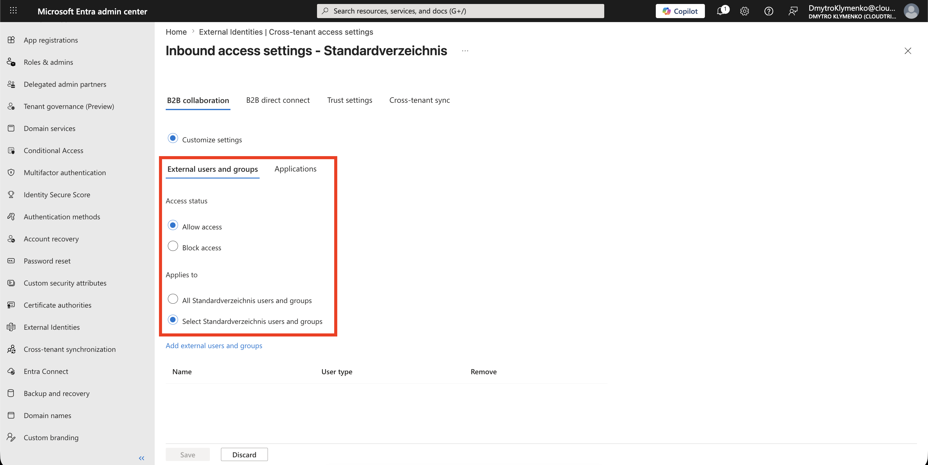 Inbound B2B External users and groups tab with Allow access and Select external users and groups selected