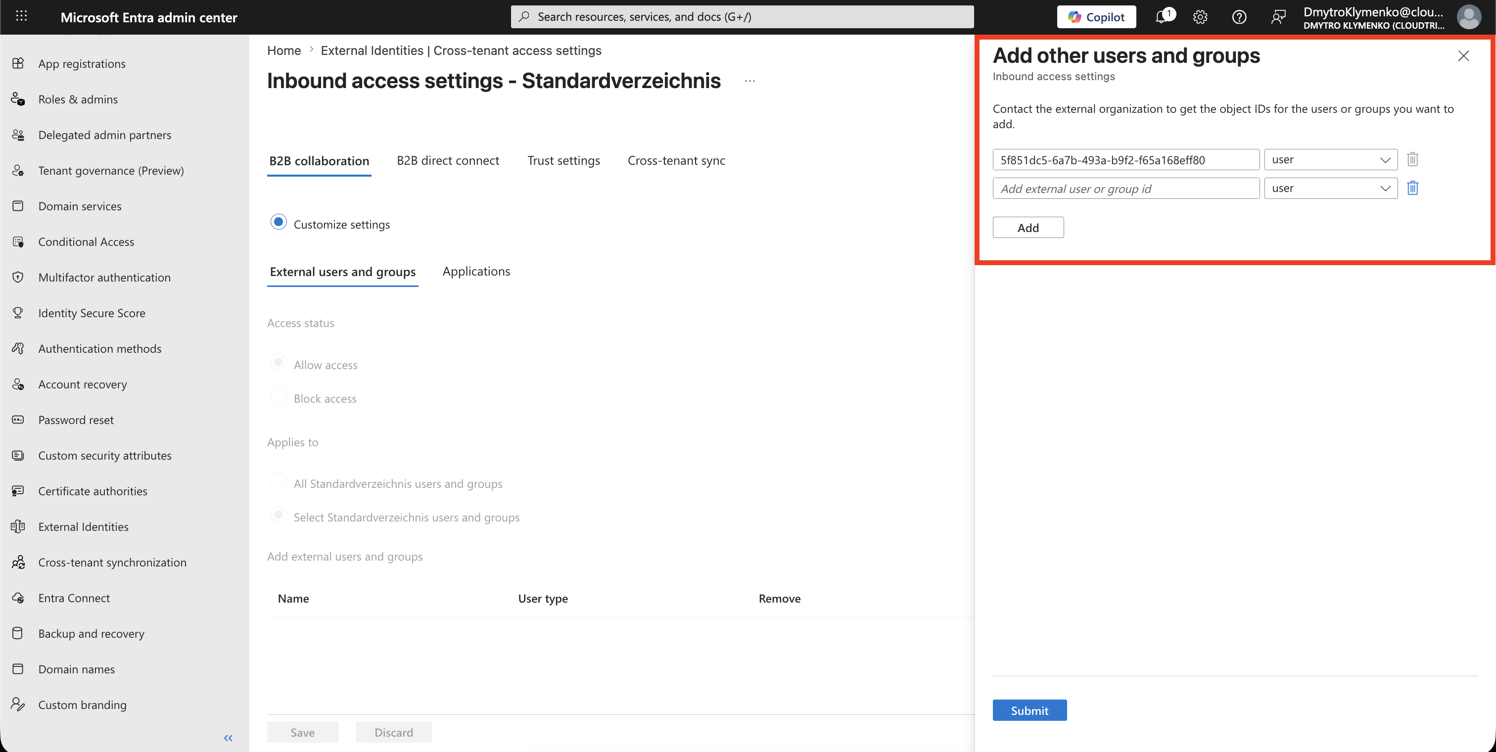 Add other users and groups pane showing a partner user or group object ID ready to be added