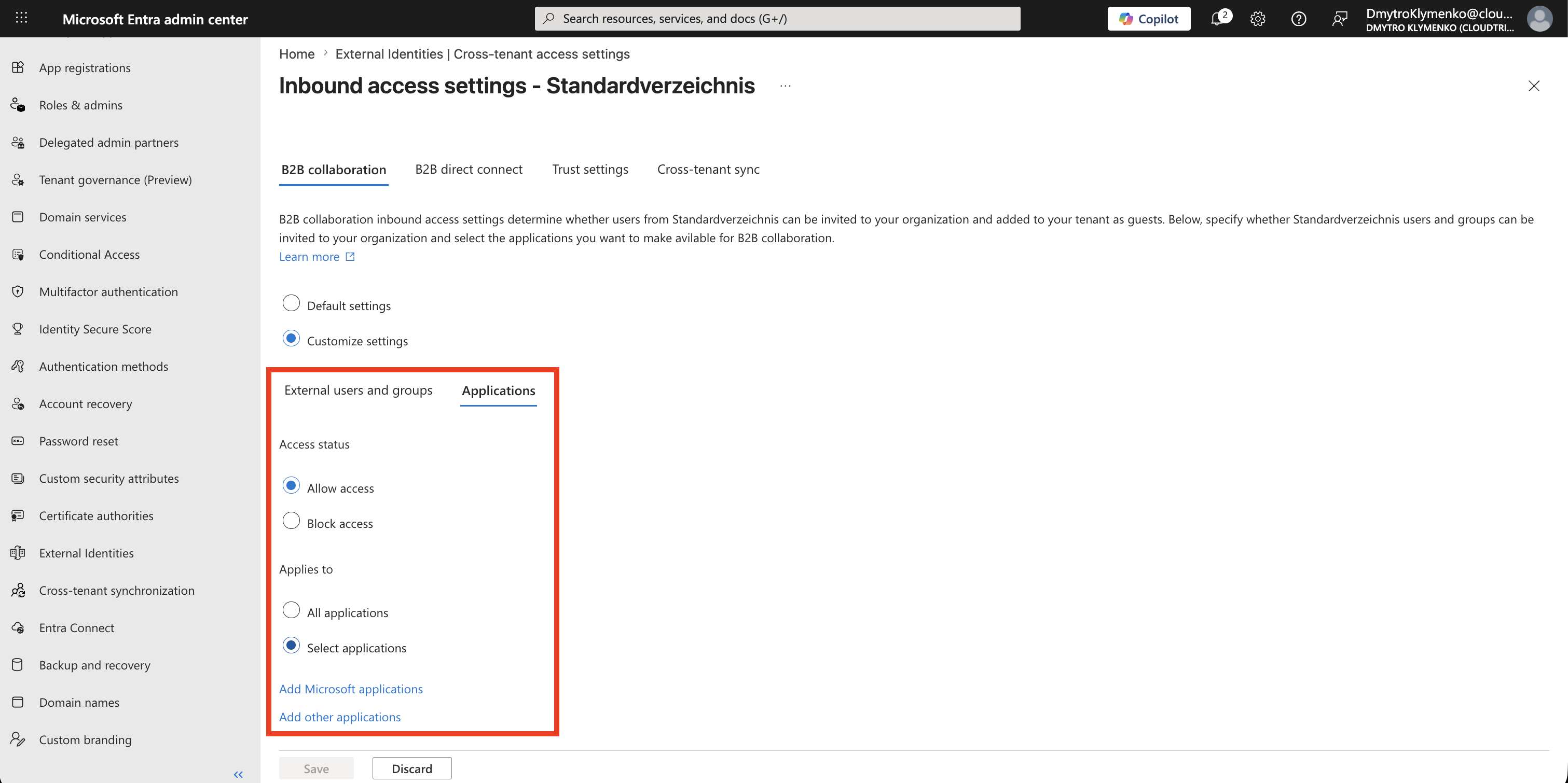 Inbound B2B Applications tab with Allow access and Select applications selected