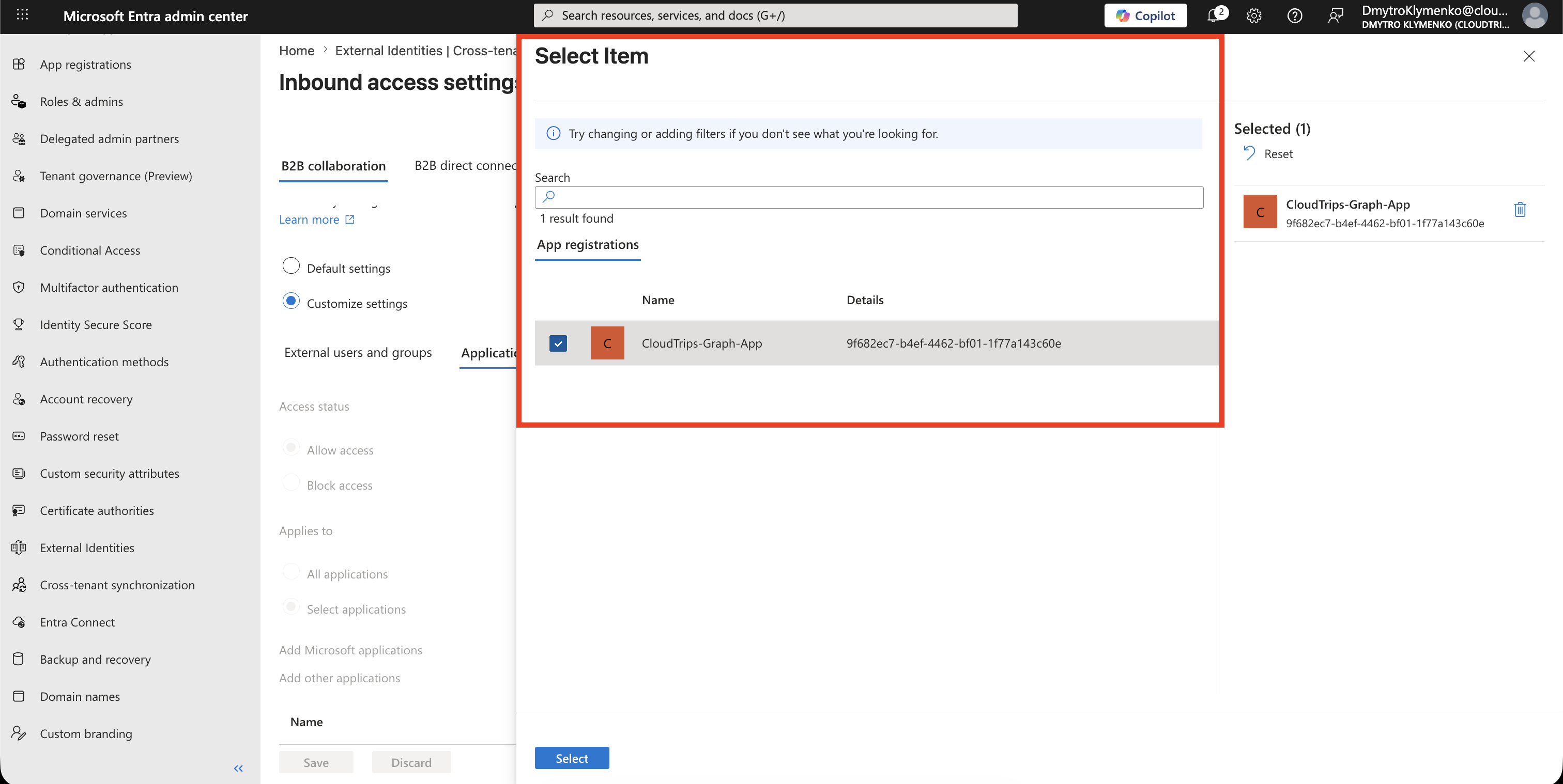 Application selection pane showing the required internal application selected for partner access
