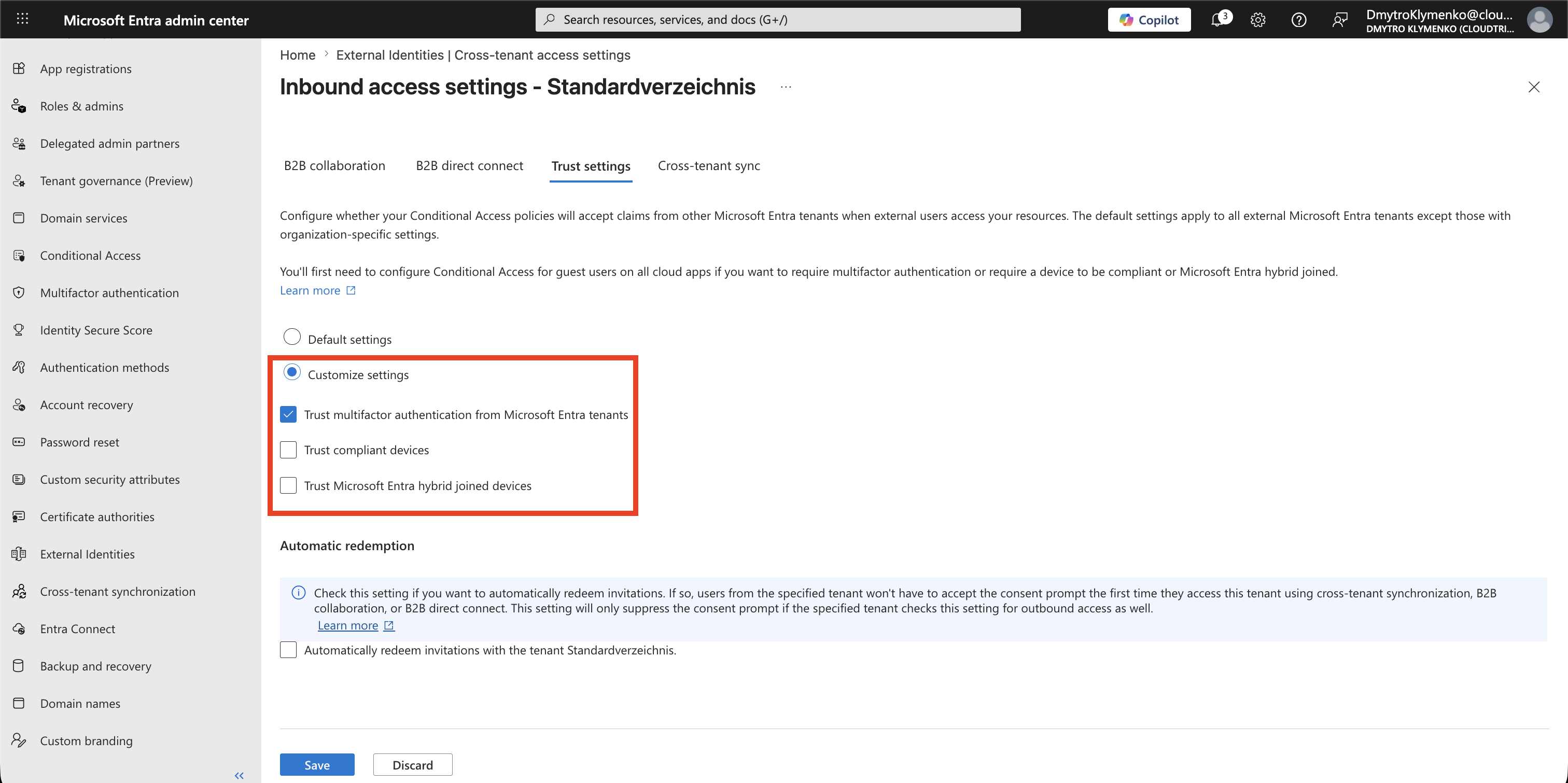 Partner-specific inbound Trust settings with only the approved MFA or device trust options selected