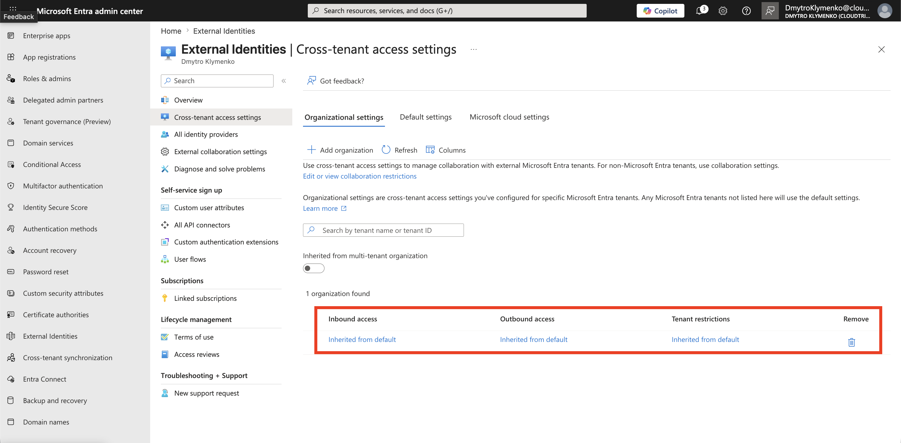 Target Tenant Cross-tenant access settings mit hinzugefuegter Source Organization unter Organizational settings