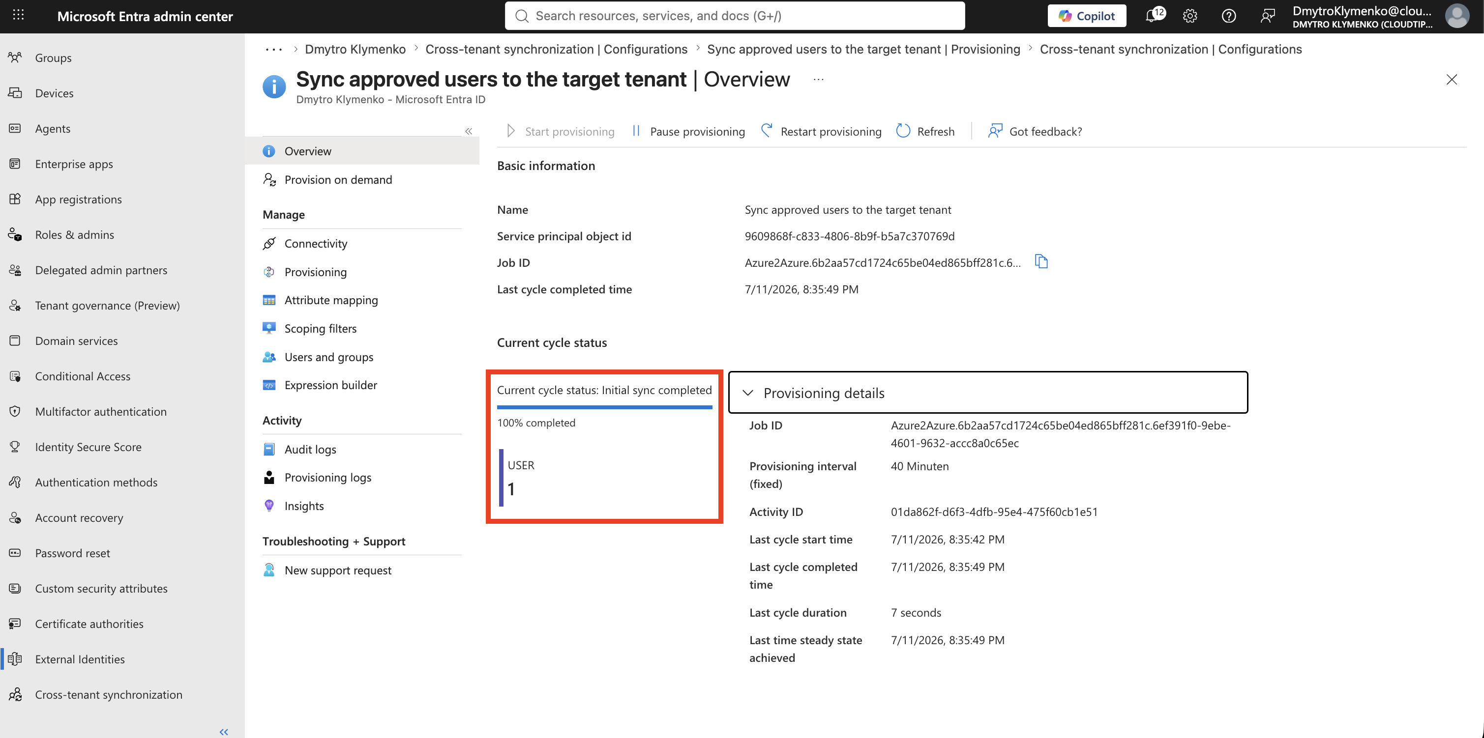 Cross-tenant synchronization Configuration Overview mit laufendem Provisioning und Links zu Provisioning Logs