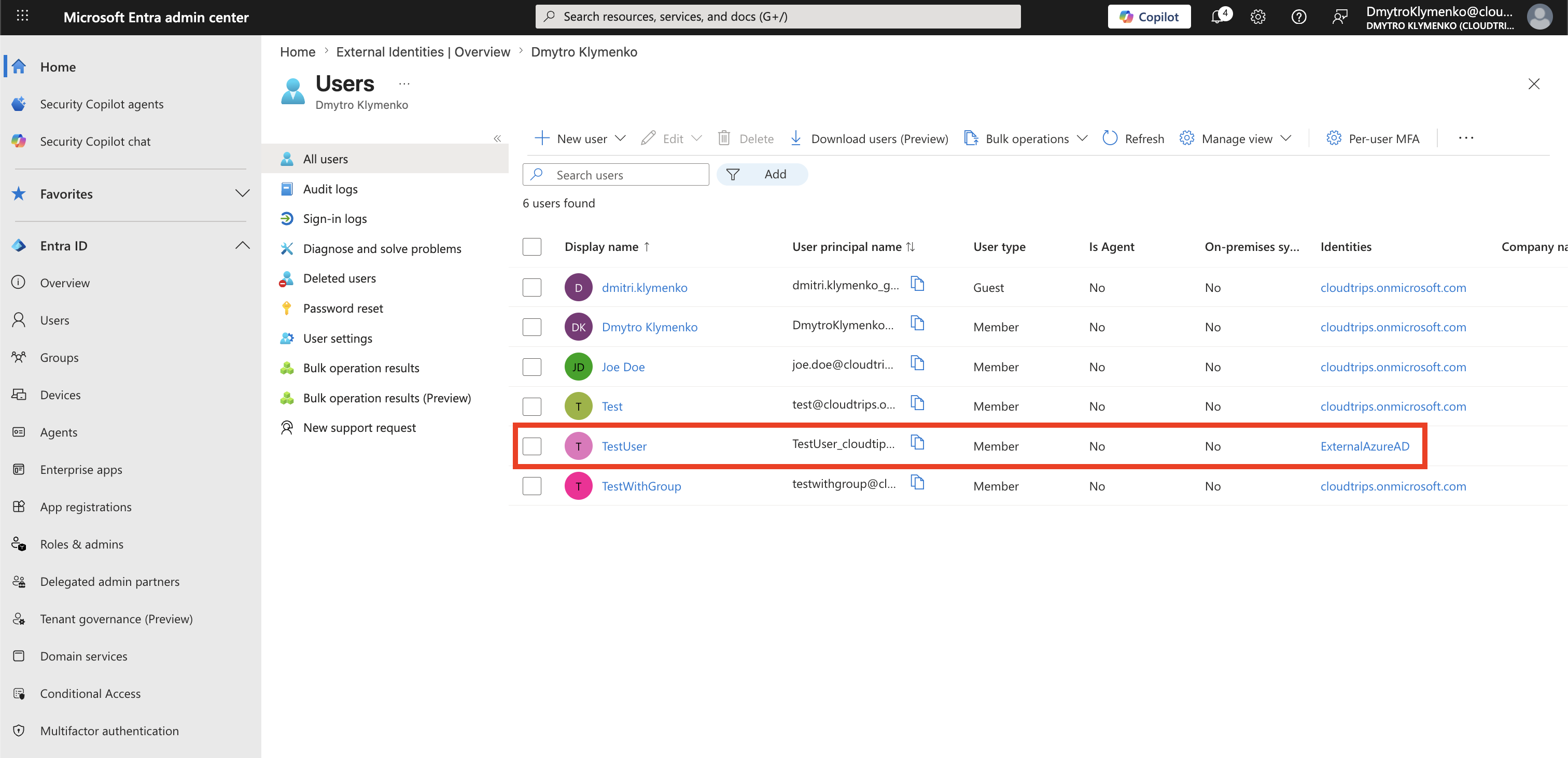 Target tenant user list showing TestUser created by cross-tenant synchronization