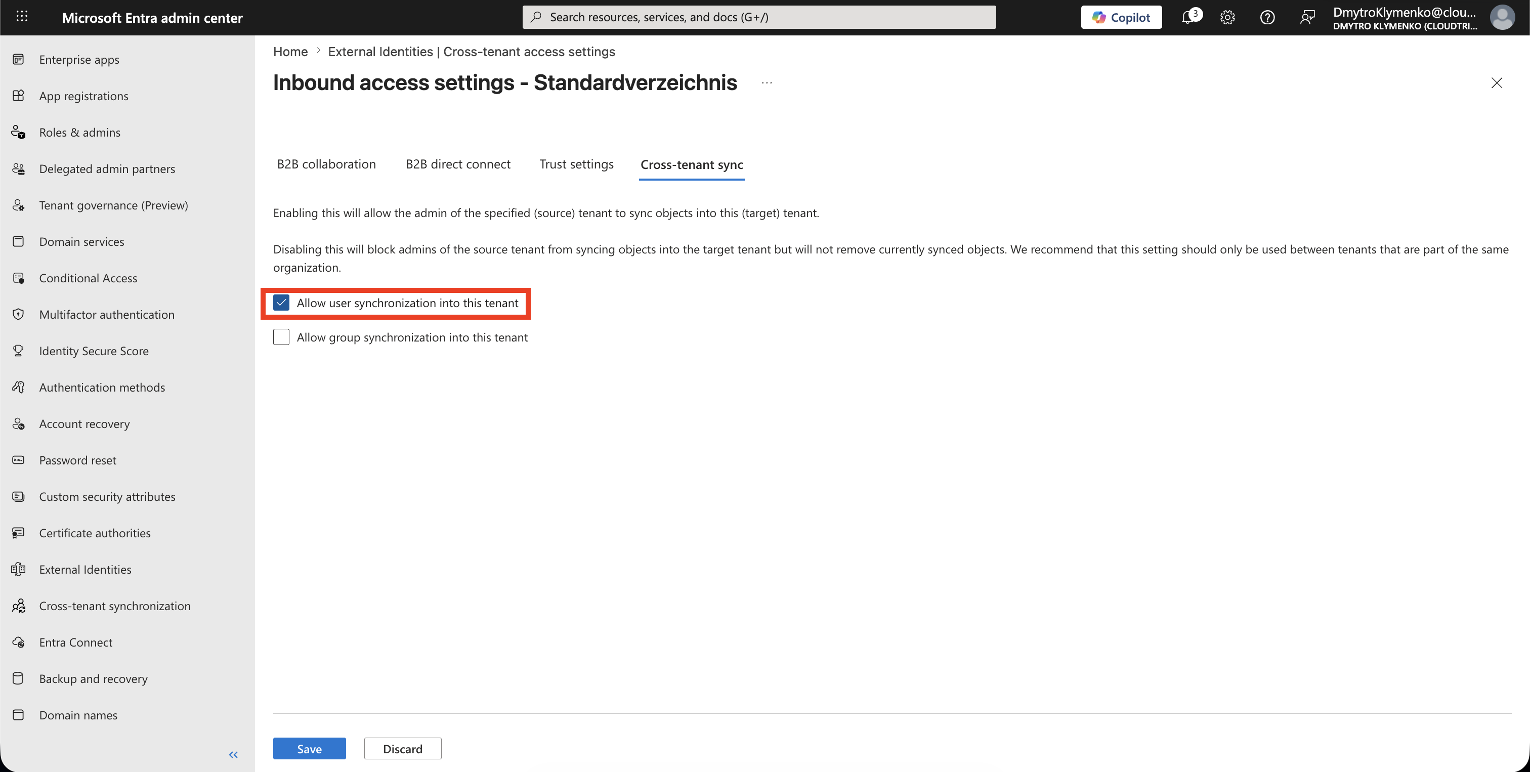 Target Tenant Inbound Cross-tenant sync Tab mit aktiviertem Allow user synchronization into this tenant