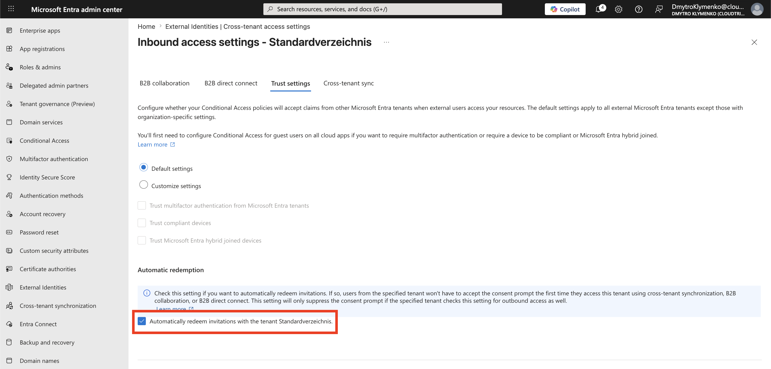 Target Tenant Inbound Trust settings mit aktivierter Automatic Invitation Redemption fuer den Source Tenant