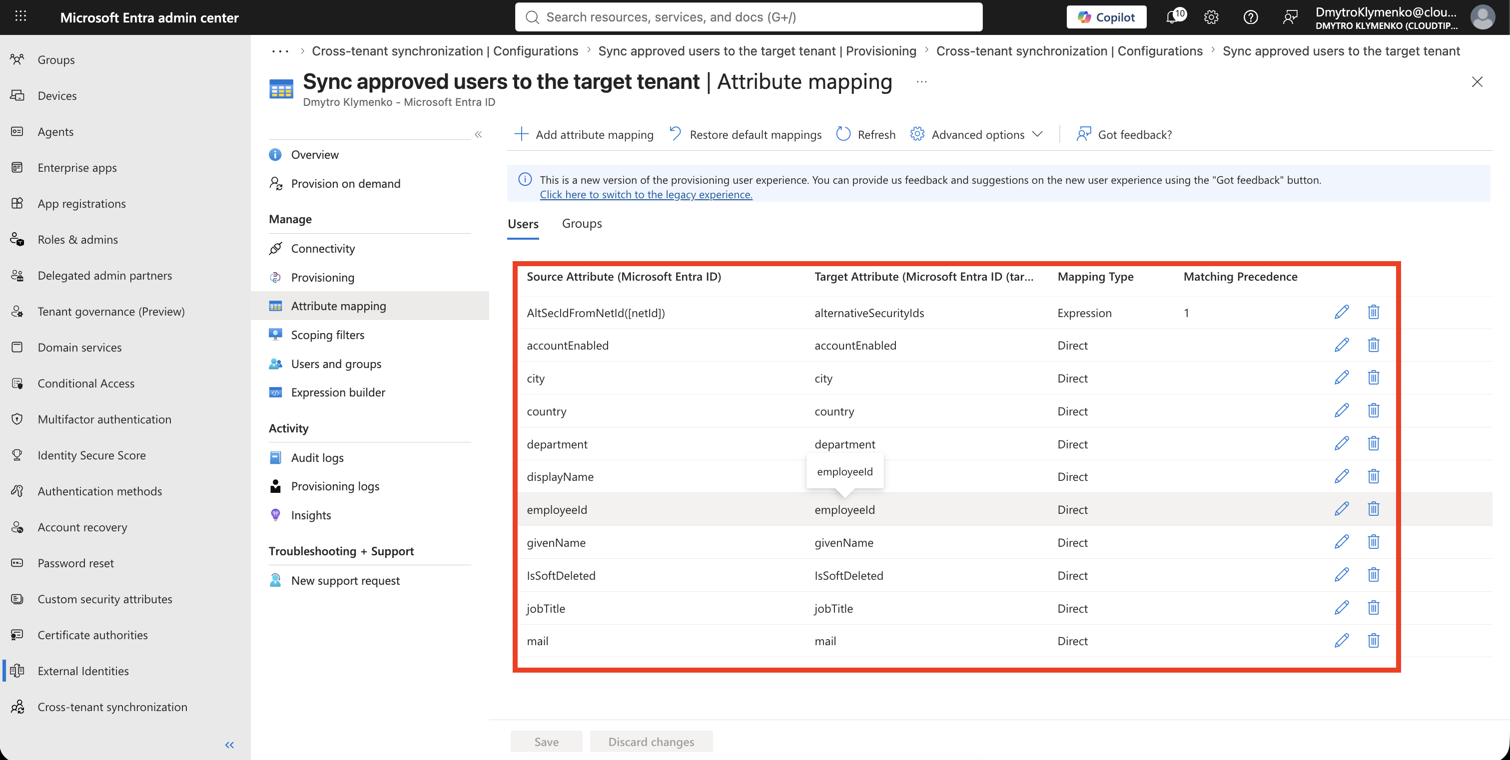 Cross-tenant synchronization Attribute Mapping Seite mit User Mappings von Source zu Target Attributes