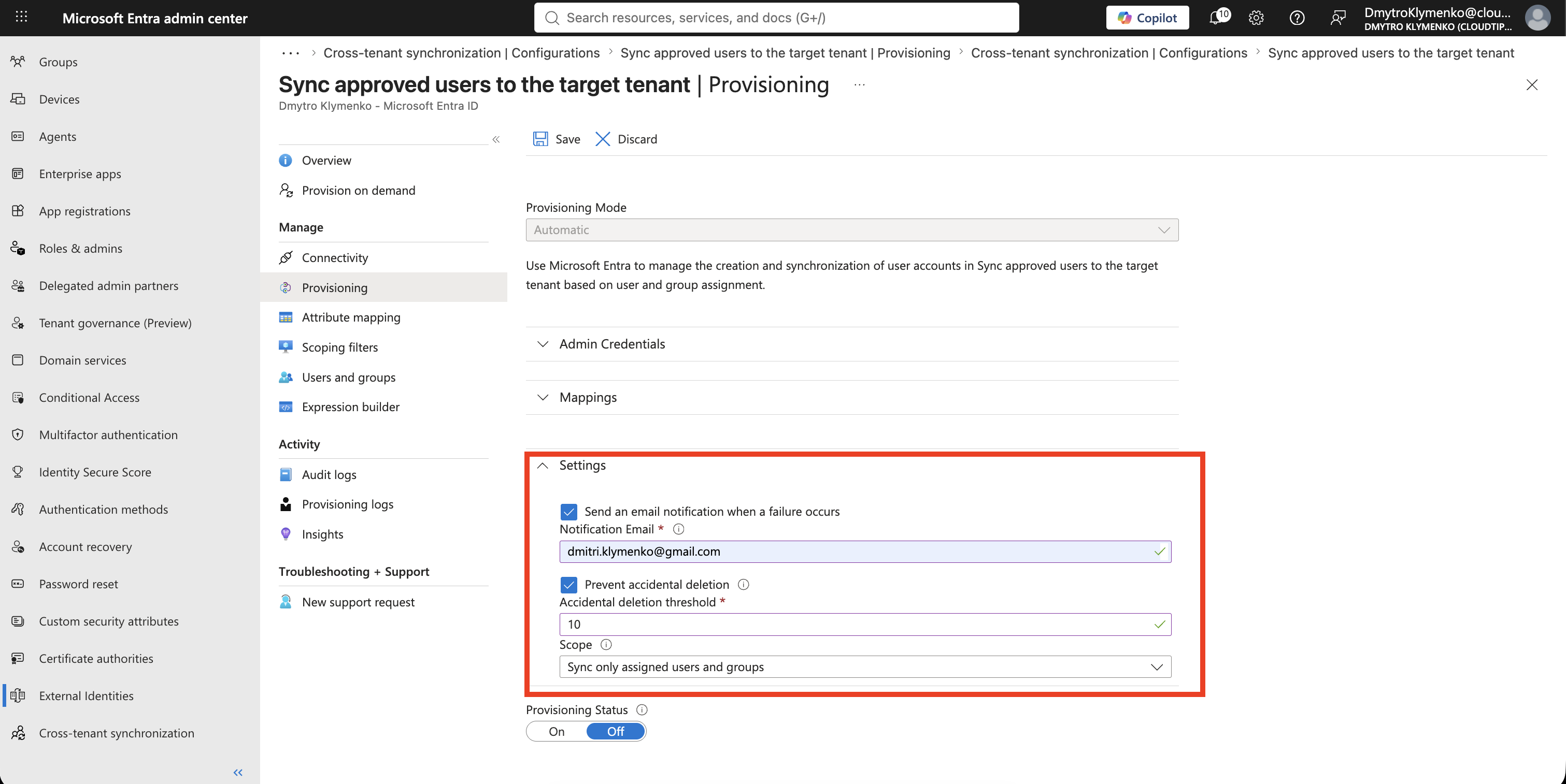 Provisioning Settings Bereich mit Assigned-User Scope, Failure Notification Email und Accidental Deletion Prevention