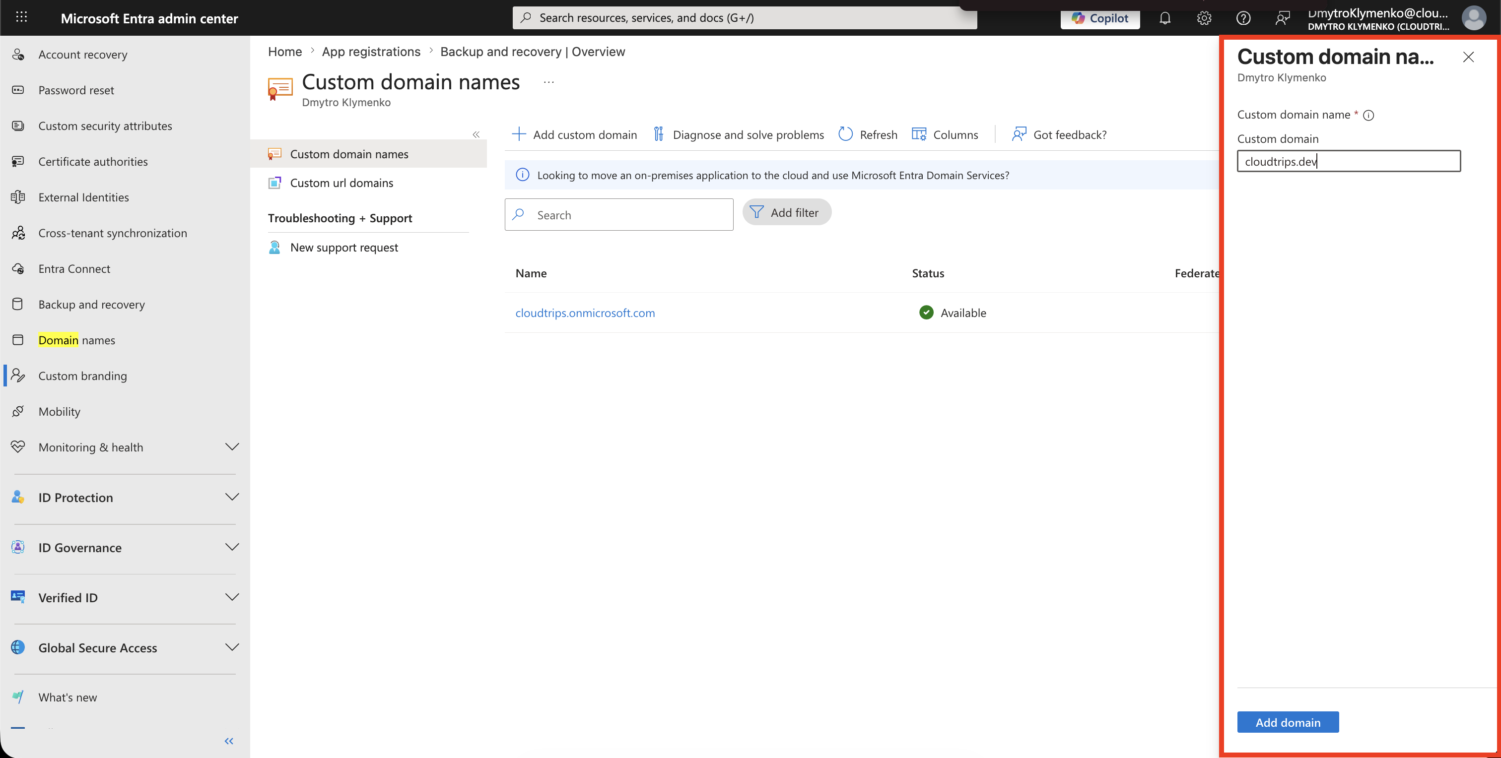 Add custom domain page with the custom domain name entered
