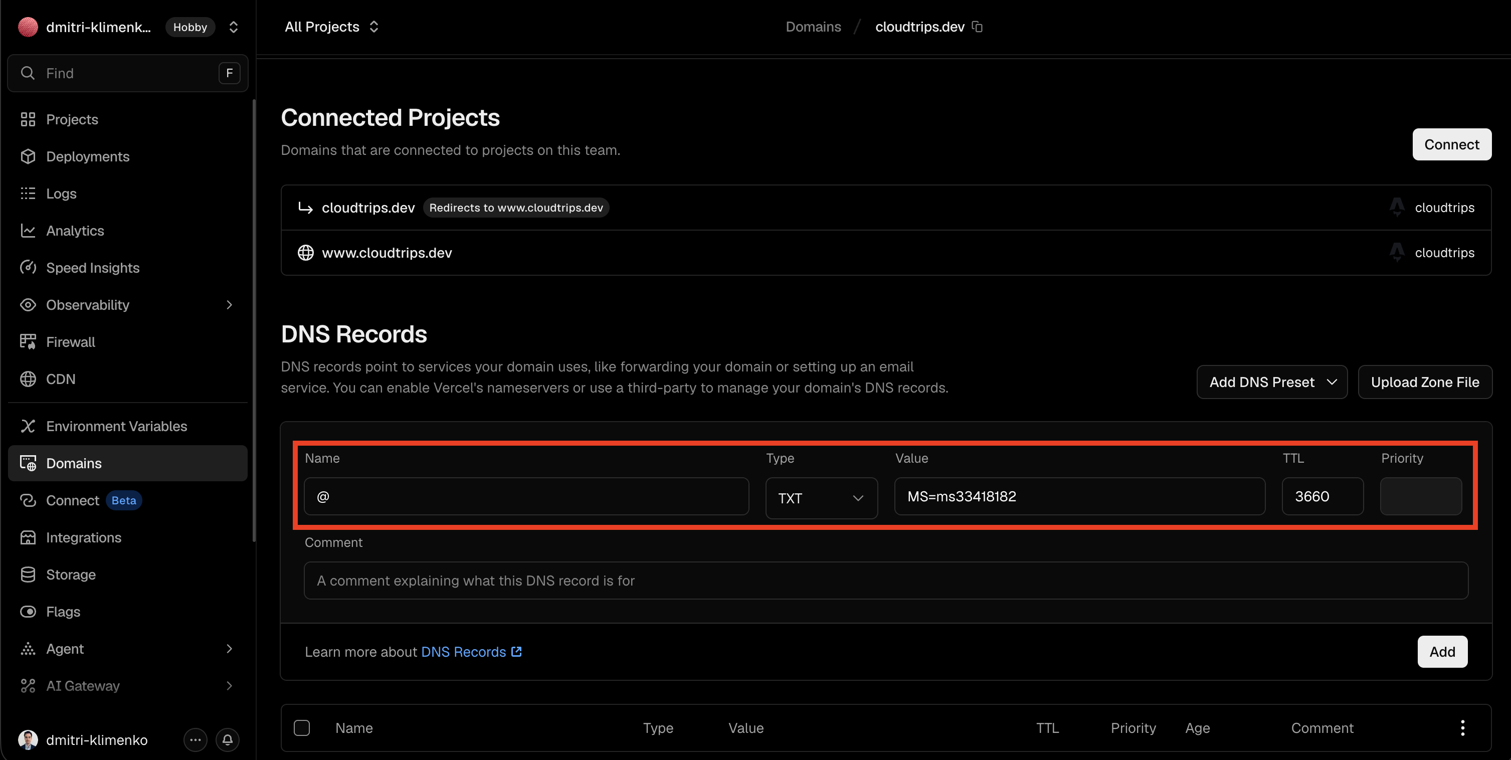DNS provider page with the Microsoft Entra TXT verification record added