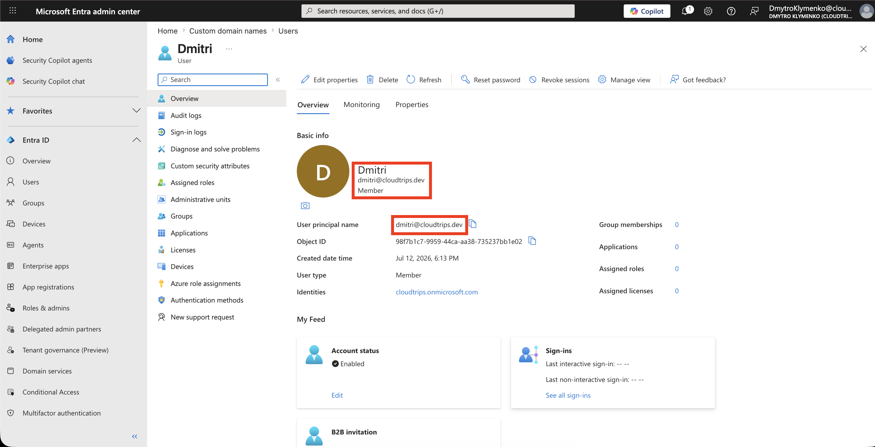 User profile showing a user principal name that uses the verified custom domain