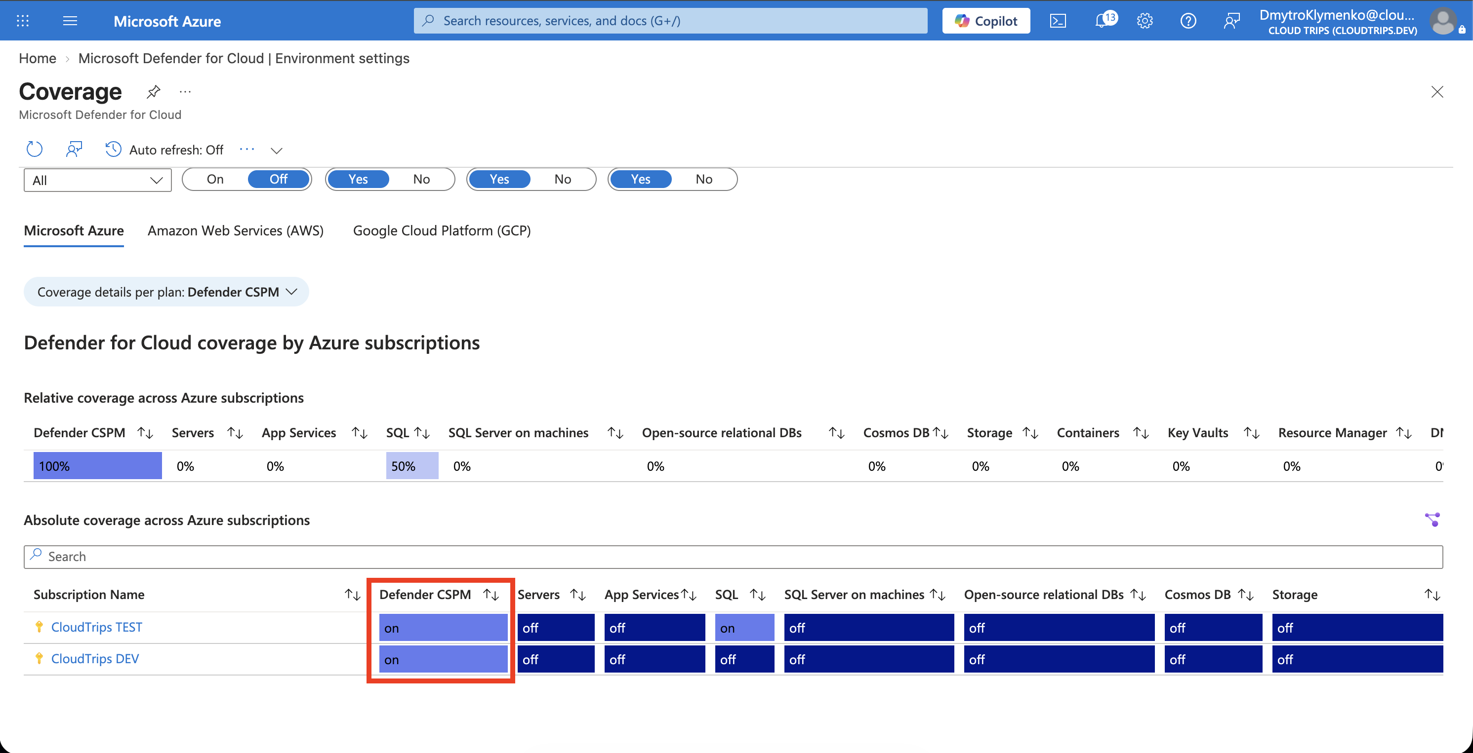 Defender-for-Cloud-Pläne mit Foundational-CSPM-Abdeckung und aktuellen Planstatus