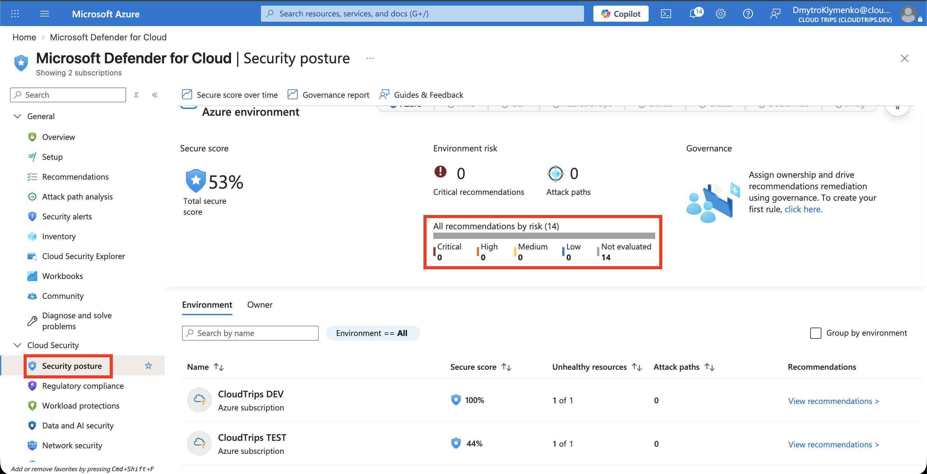 Defender-for-Cloud-Secure-Score und Empfehlung mit betroffenen Ressourcen