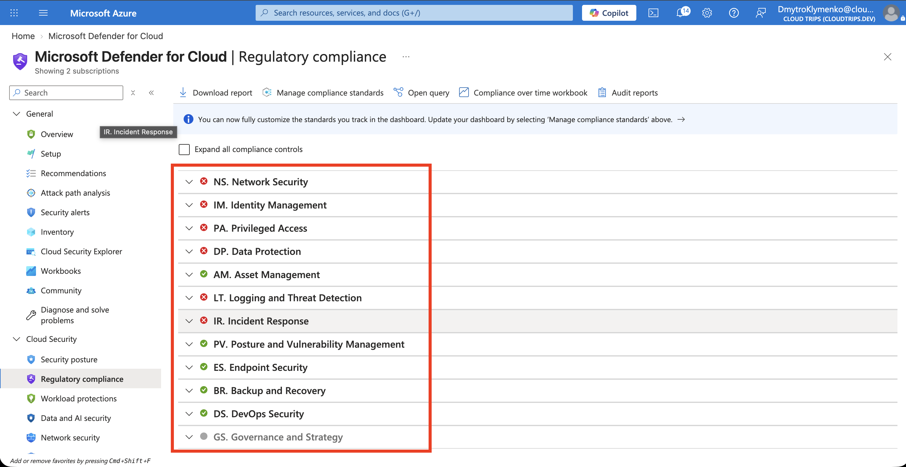 Defender-for-Cloud-Compliance mit erweiterter Microsoft-Cloud-Security-Benchmark-Kontrolle und Bewertungsergebnissen