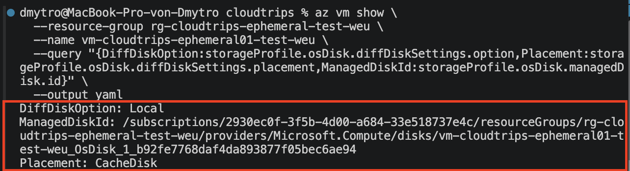 VM disk properties or JSON view confirming Local diff disk and CacheDisk placement