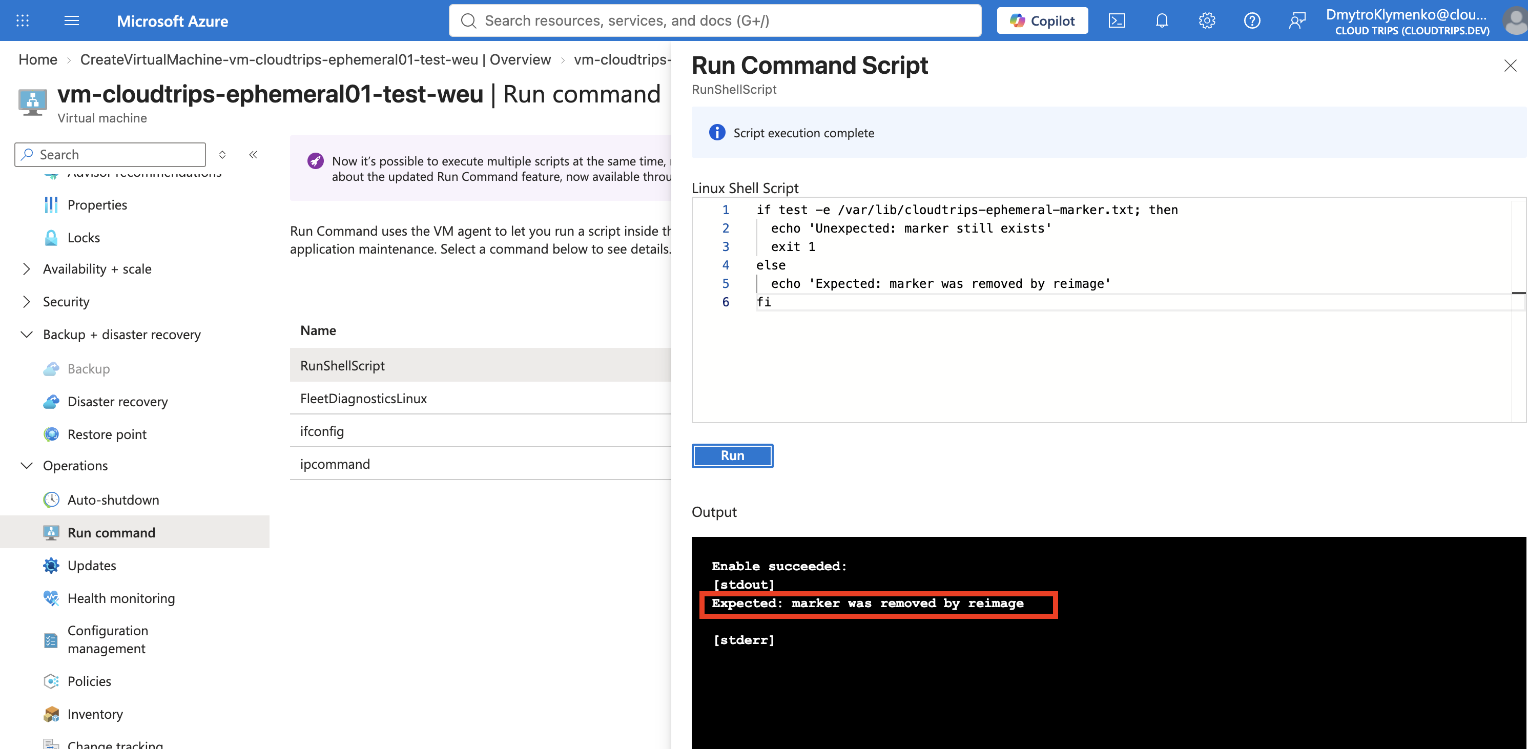 Run Command output confirming that reimage removed the ephemeral marker