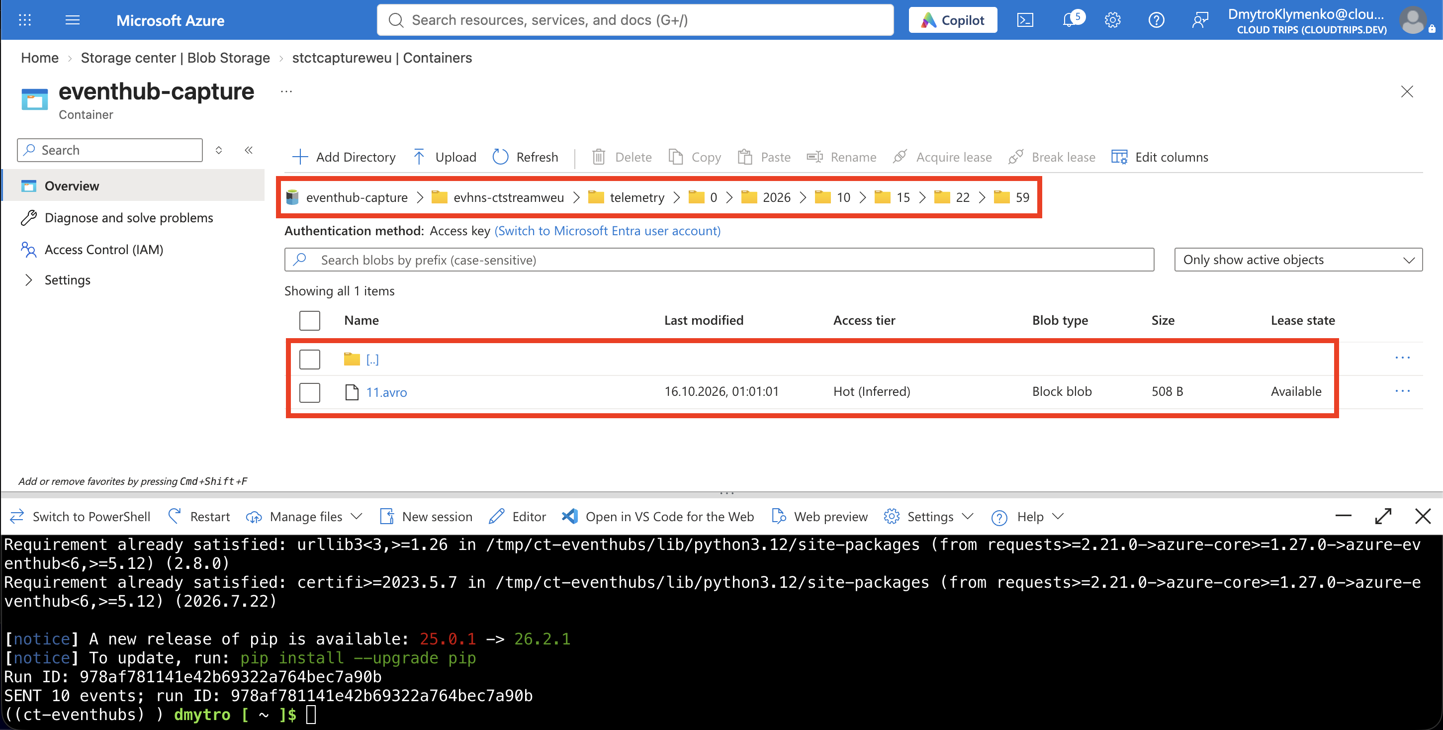 The eventhub-capture container showing a generated Avro file under the namespace, event hub, partition, and time folders.