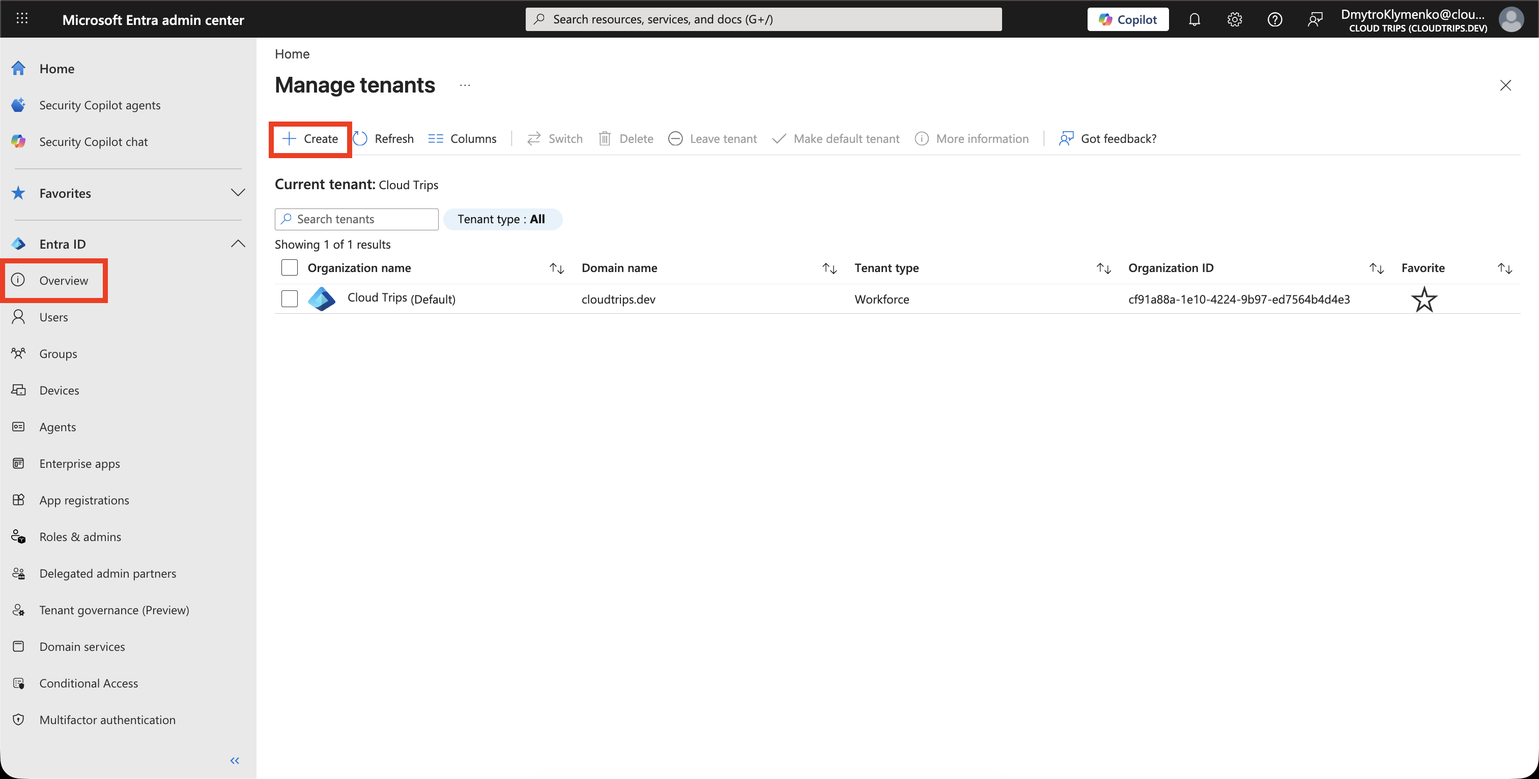 Create tenant Seite mit ausgewaehltem Microsoft Entra External ID for customers