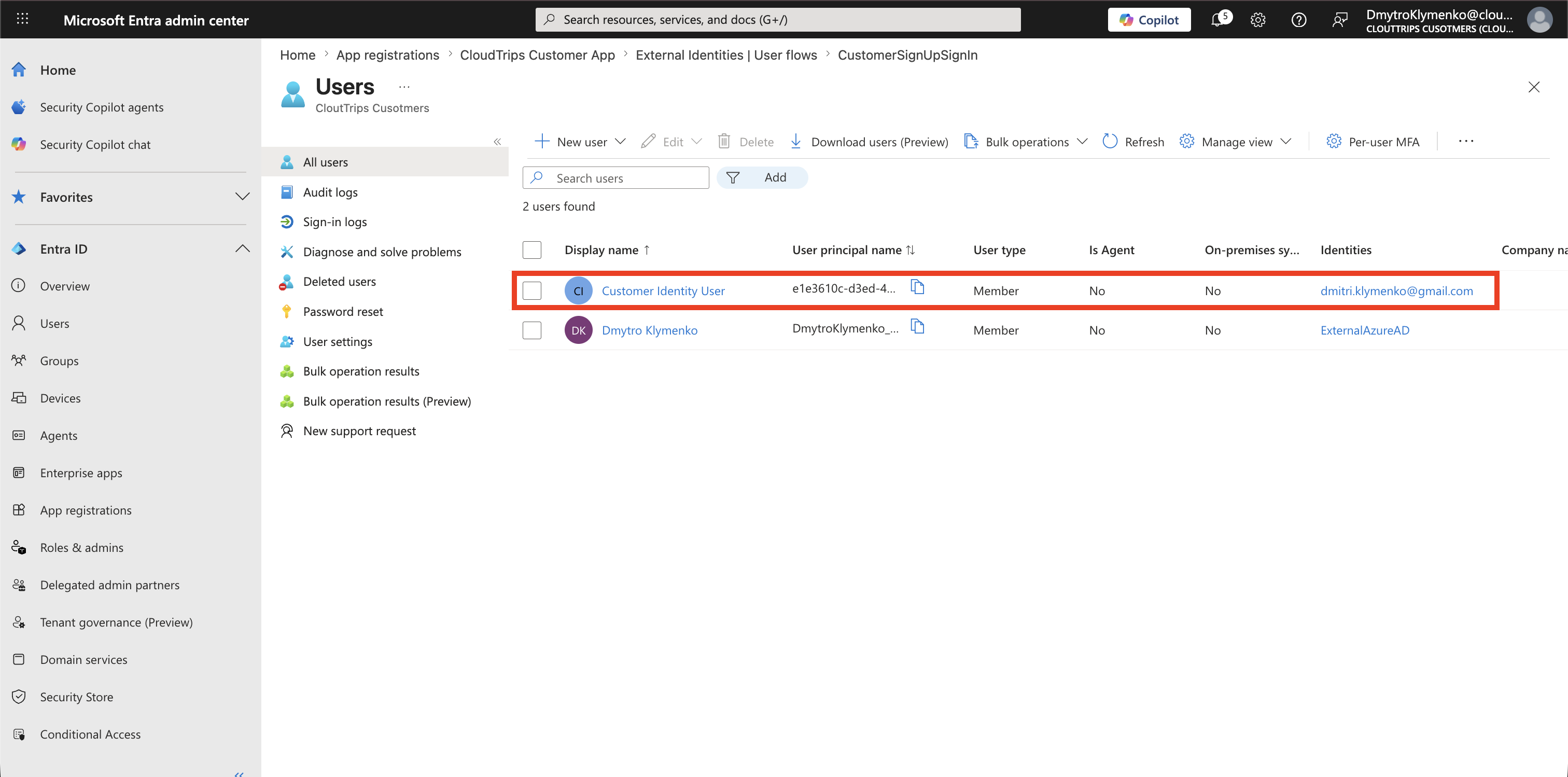 Users Blade im External Tenant mit neuem Kundenbenutzer