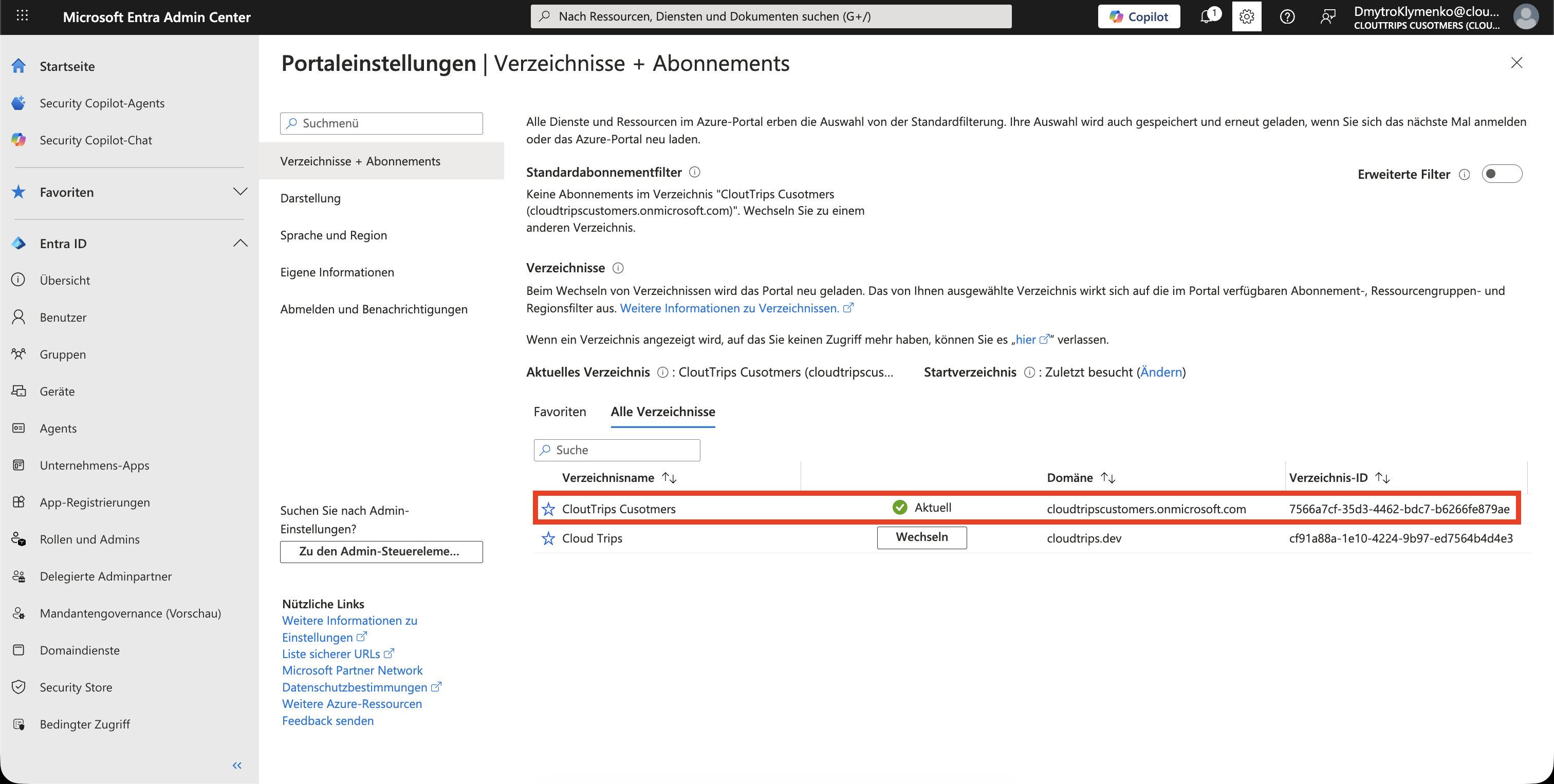 Directory Switcher mit ausgewaehltem External ID Customer Tenant