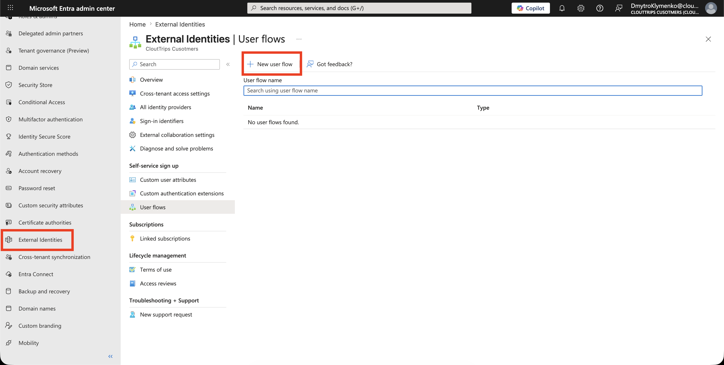External ID User flows Seite mit sichtbarer Aktion New user flow
