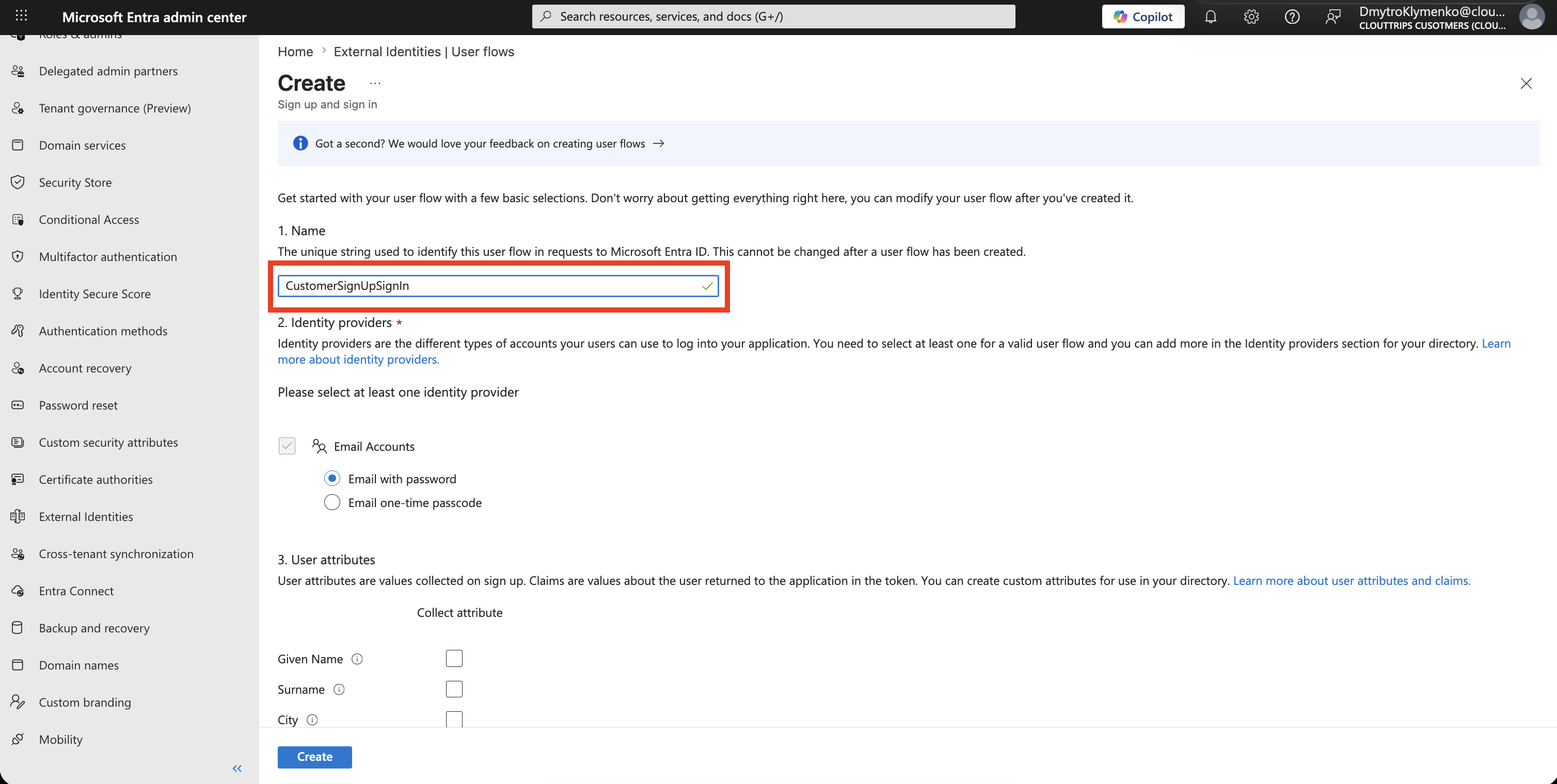 Create user flow Seite mit ausgewaehltem Sign-up und Sign-in