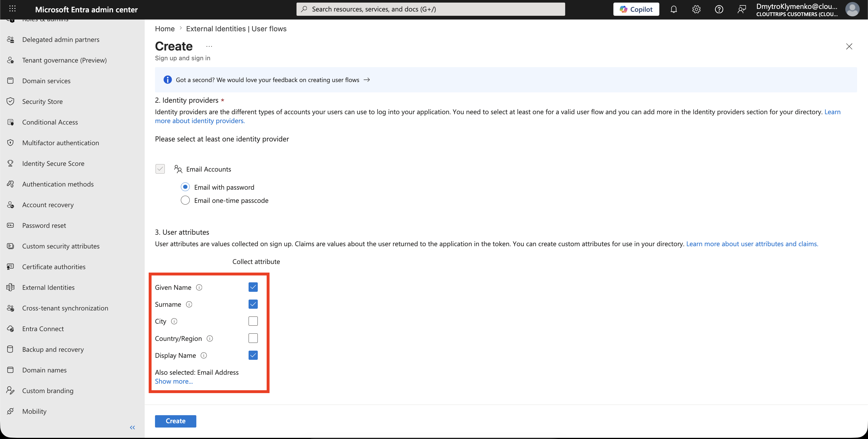 User Flow Attributes Seite mit minimalen Kundenattributen