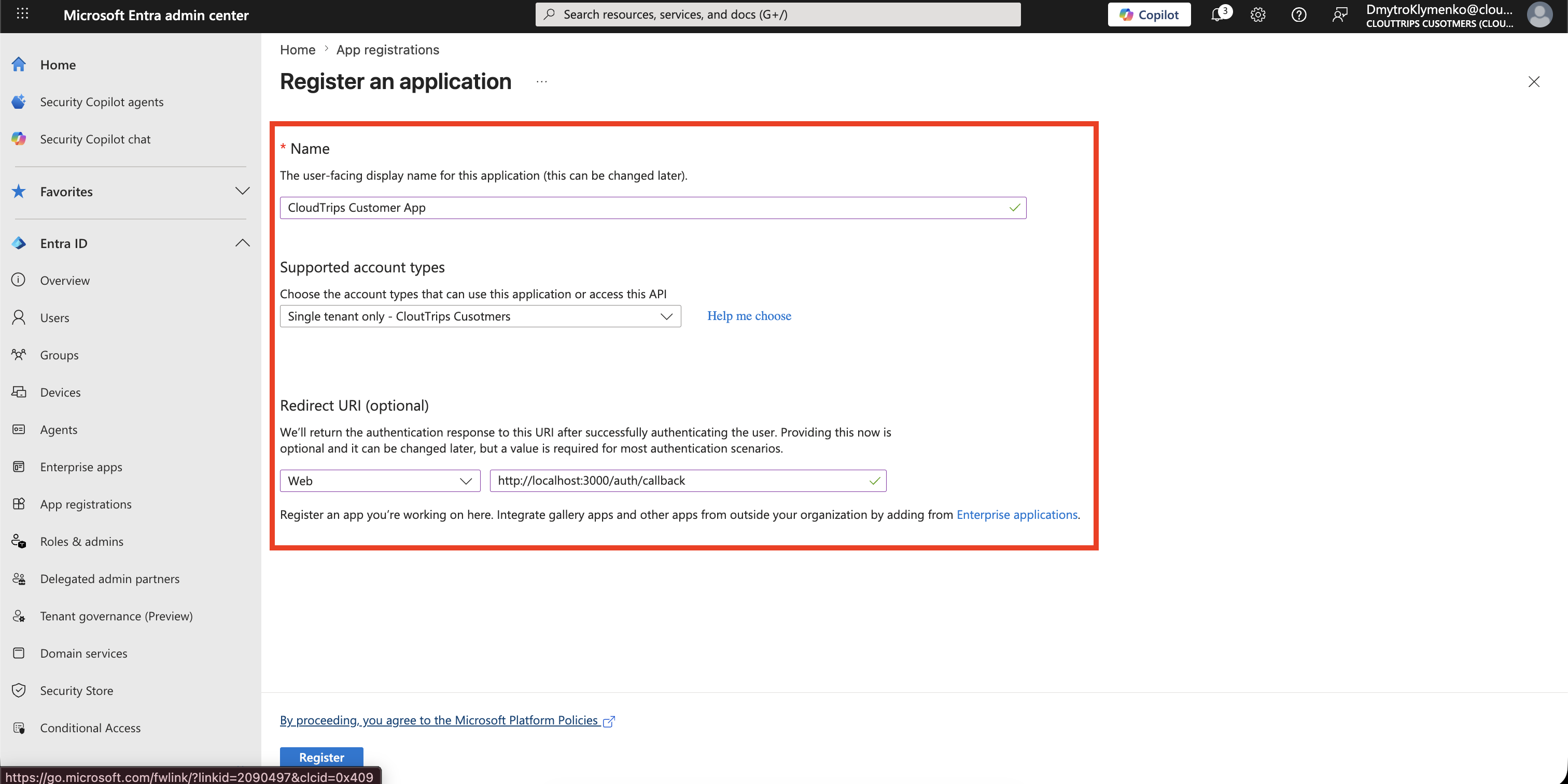 App Registration Seite fuer die kundenorientierte Anwendung im External Tenant