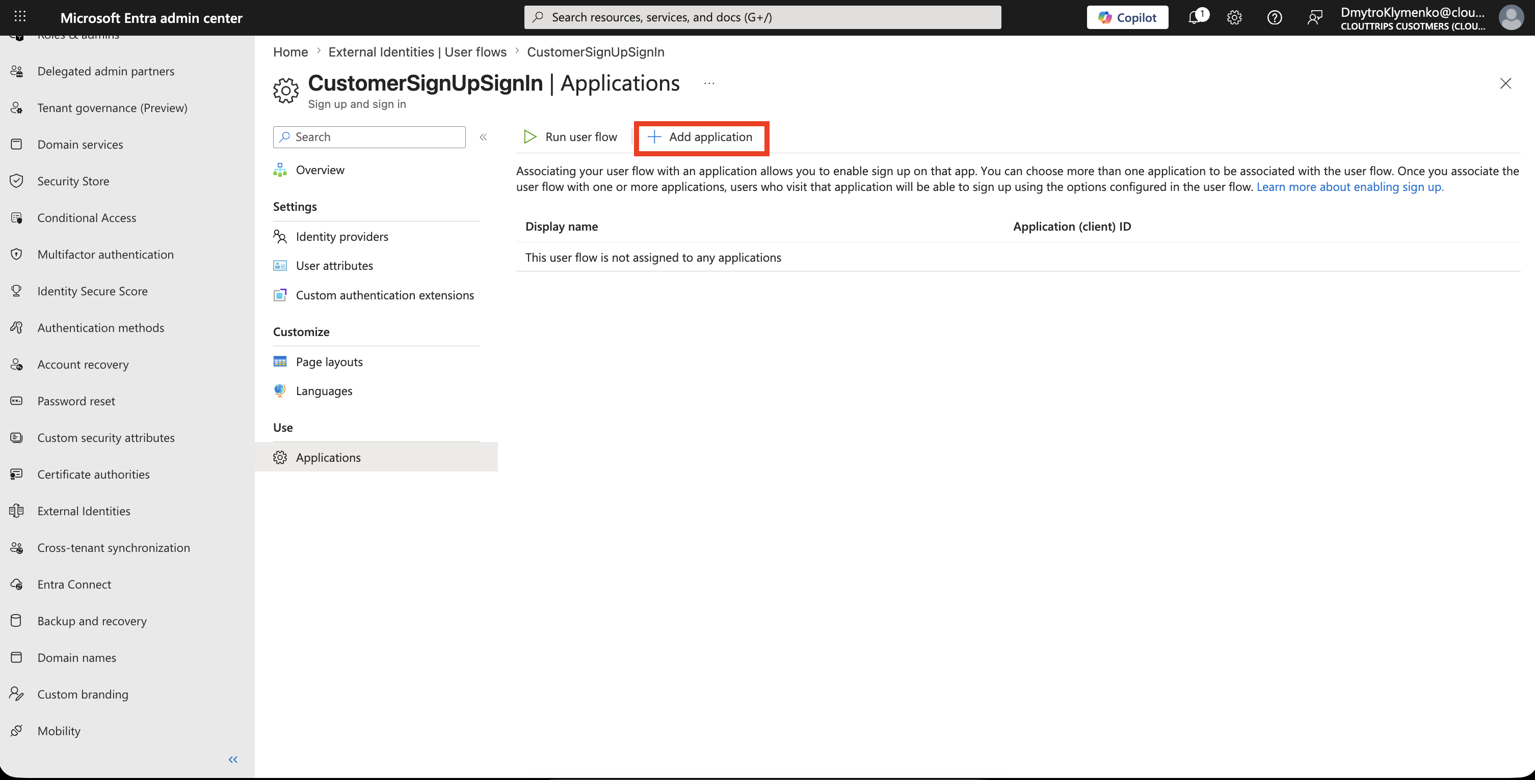 User Flow Applications Seite mit ausgewaehlter Aktion Add application