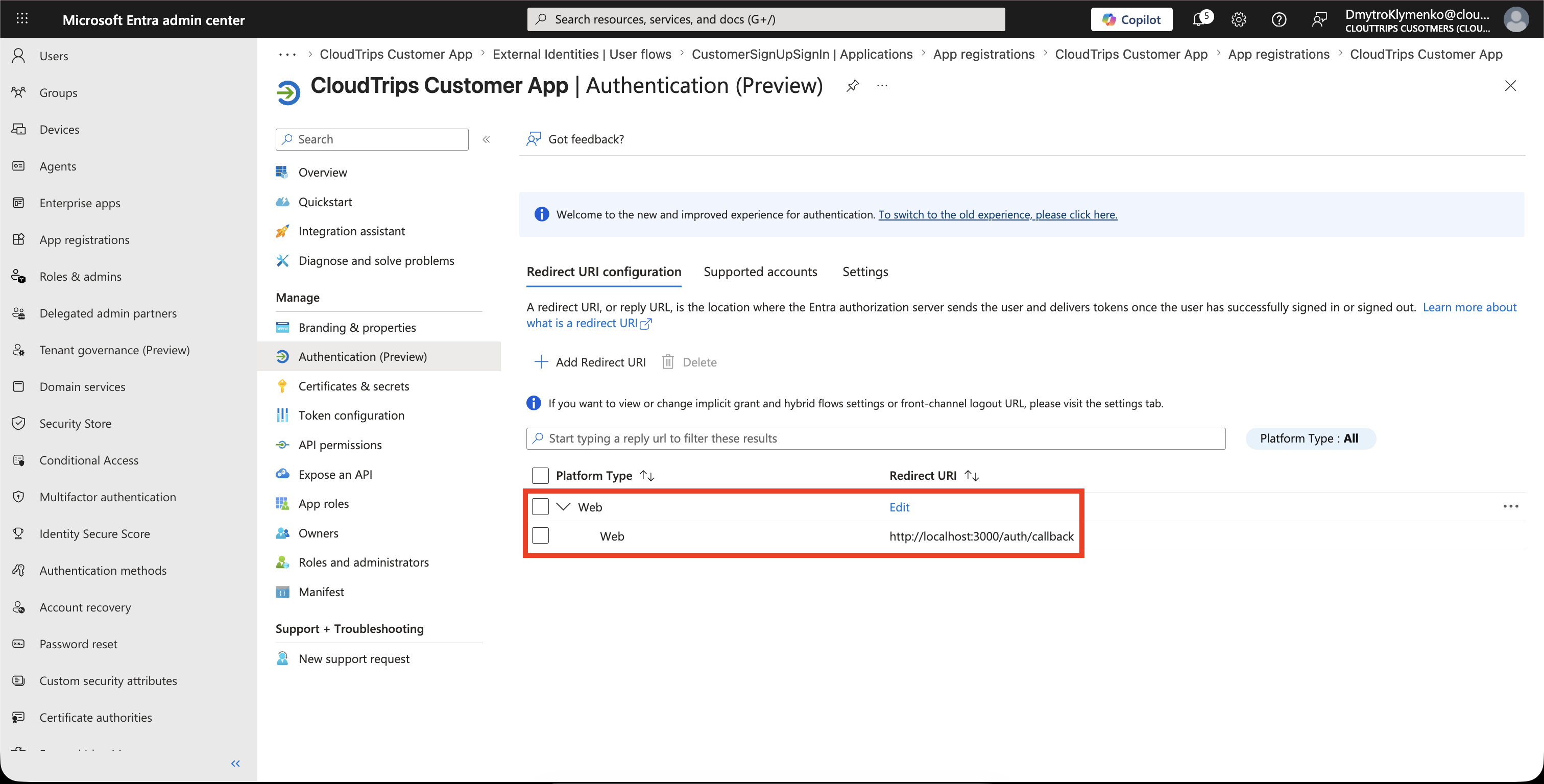 Application Registration Authentication Seite mit konfigurierter Redirect URI