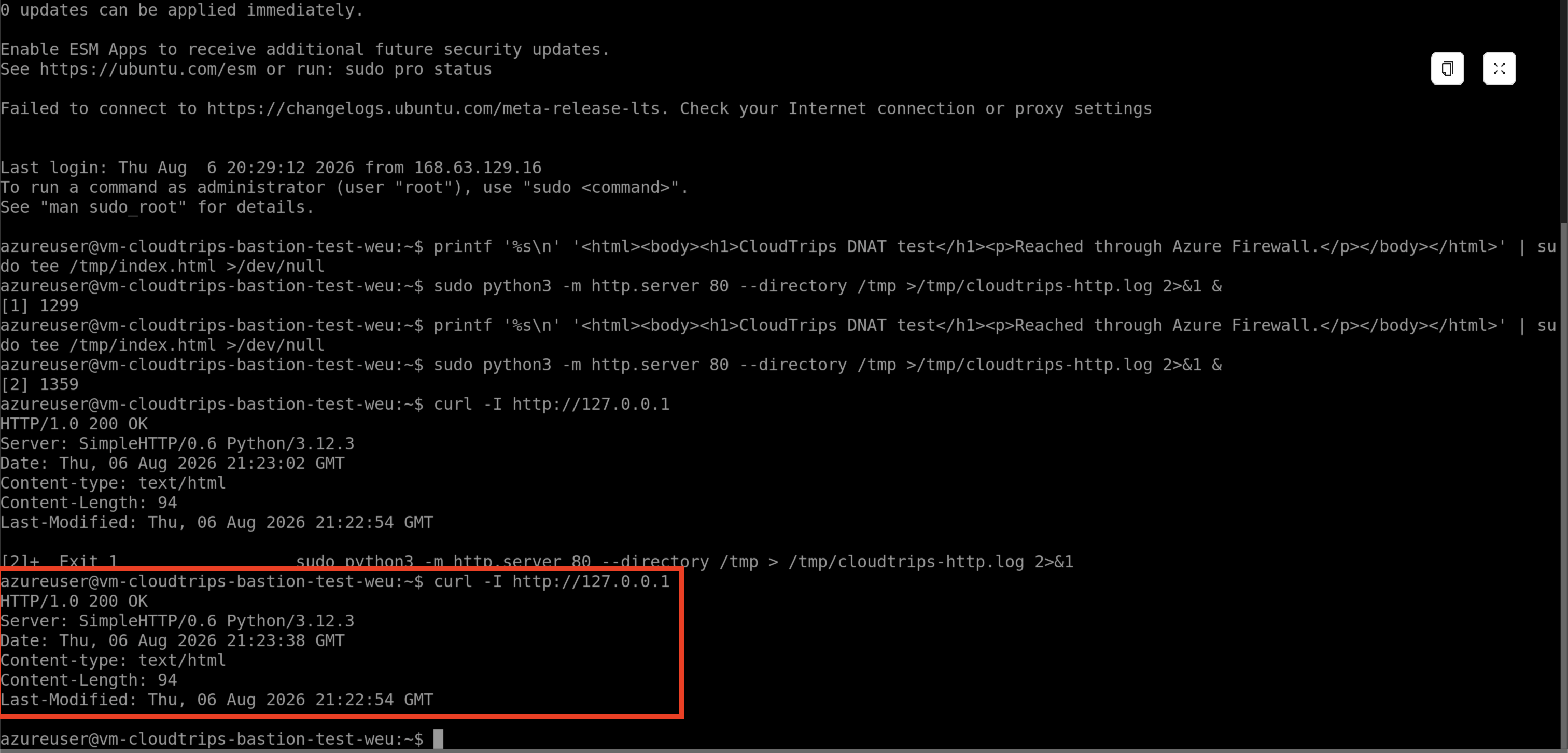 Bastion terminal showing the temporary CloudTrips web server returning HTTP 200 locally