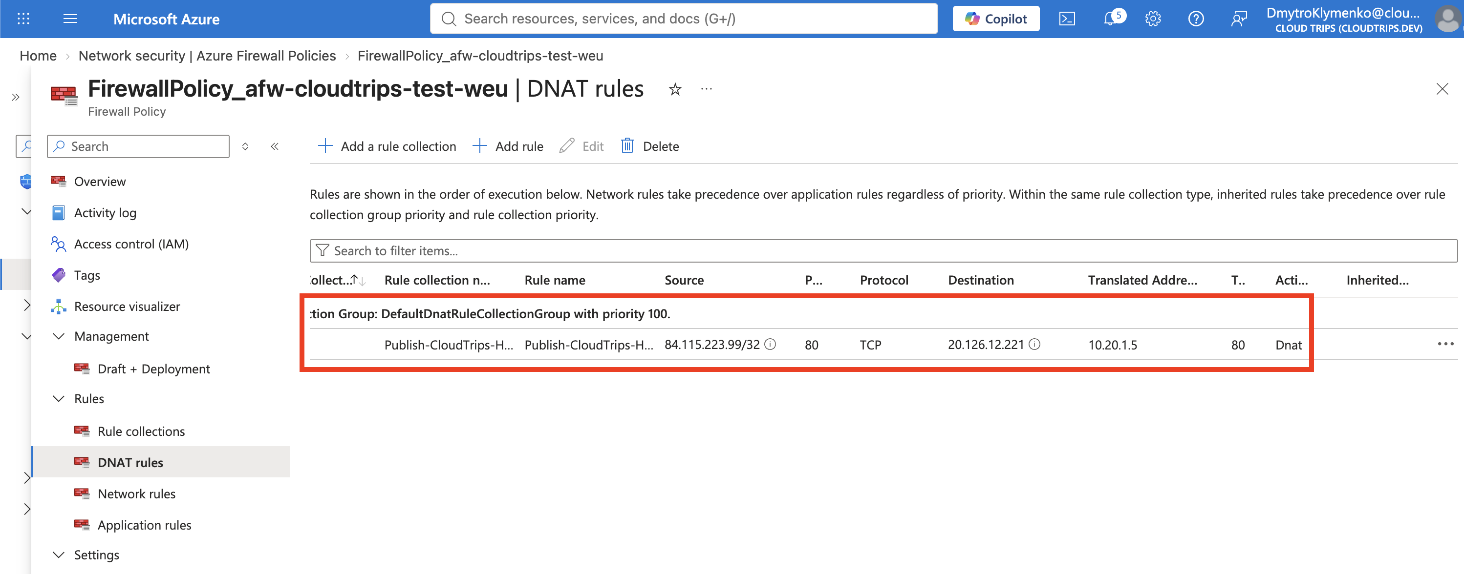 CloudTrips Firewall Policy showing the DNAT rule from the firewall public IP to the private test VM