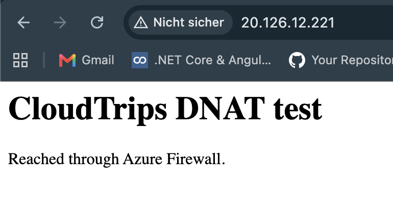Browser displaying the private CloudTrips test page through the Azure Firewall public IP