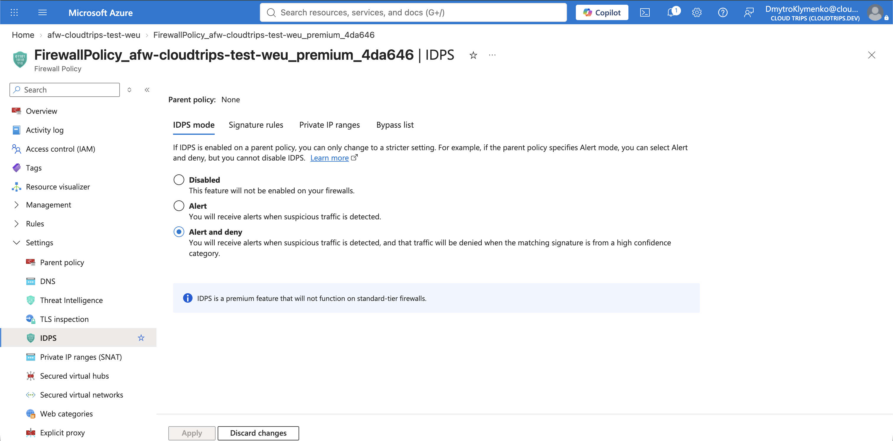 Premium Firewall Policy IDPS page showing Alert and deny enabled