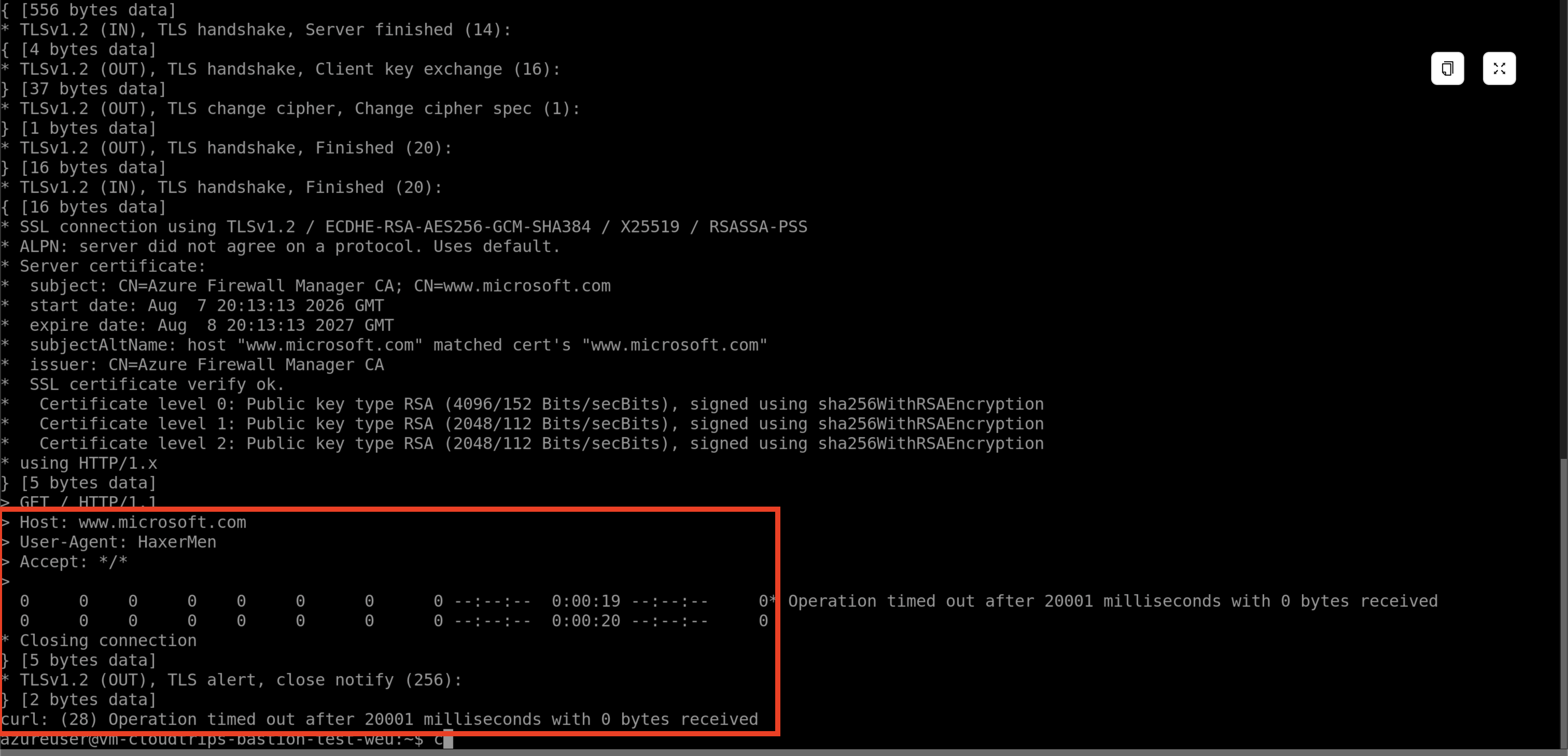 Bastion terminal showing the HaxerMen test request timing out after Azure Firewall IDPS blocks it