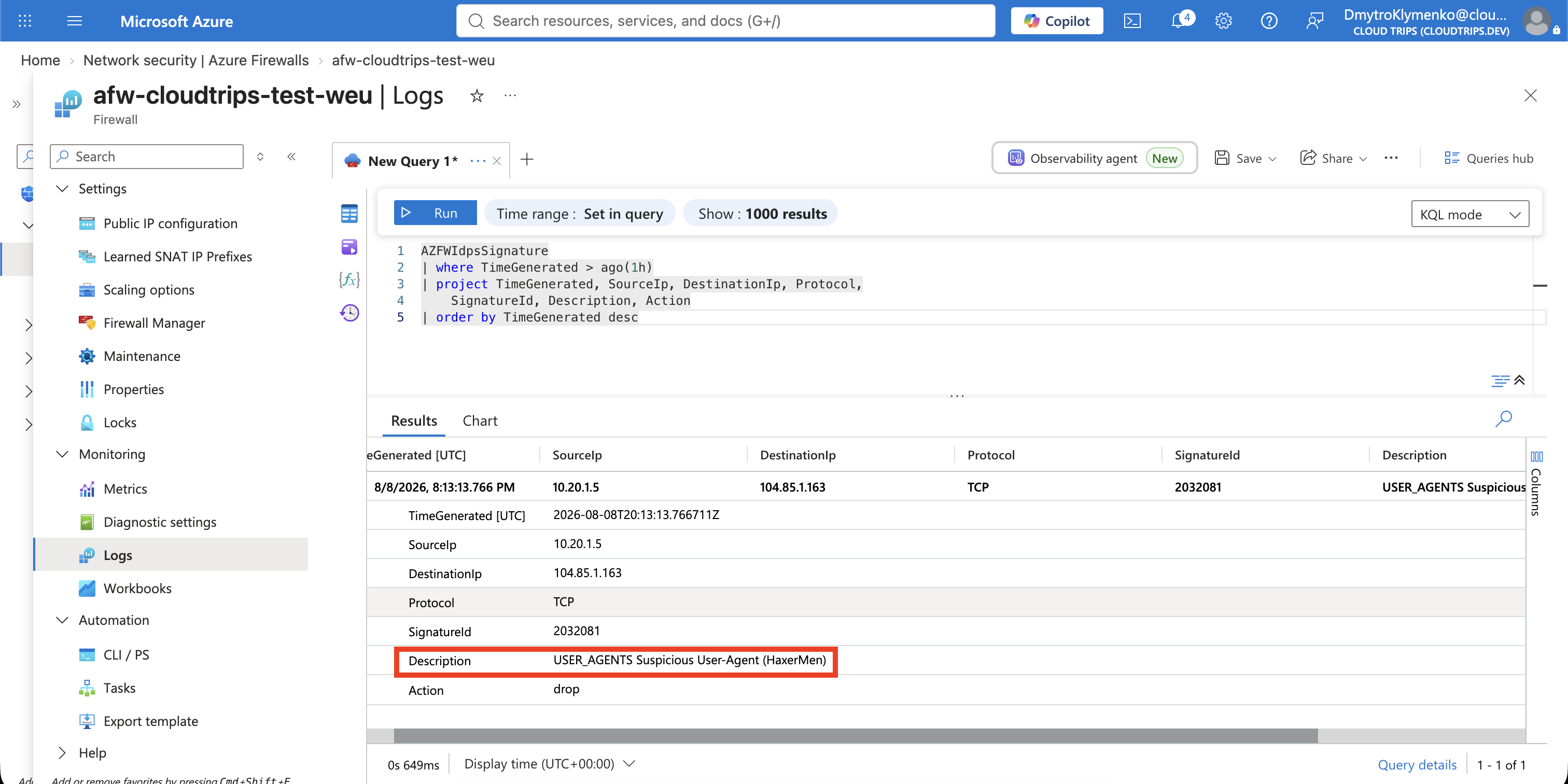 Log Analytics results showing the Azure Firewall IDPS signature and deny action for the harmless test request