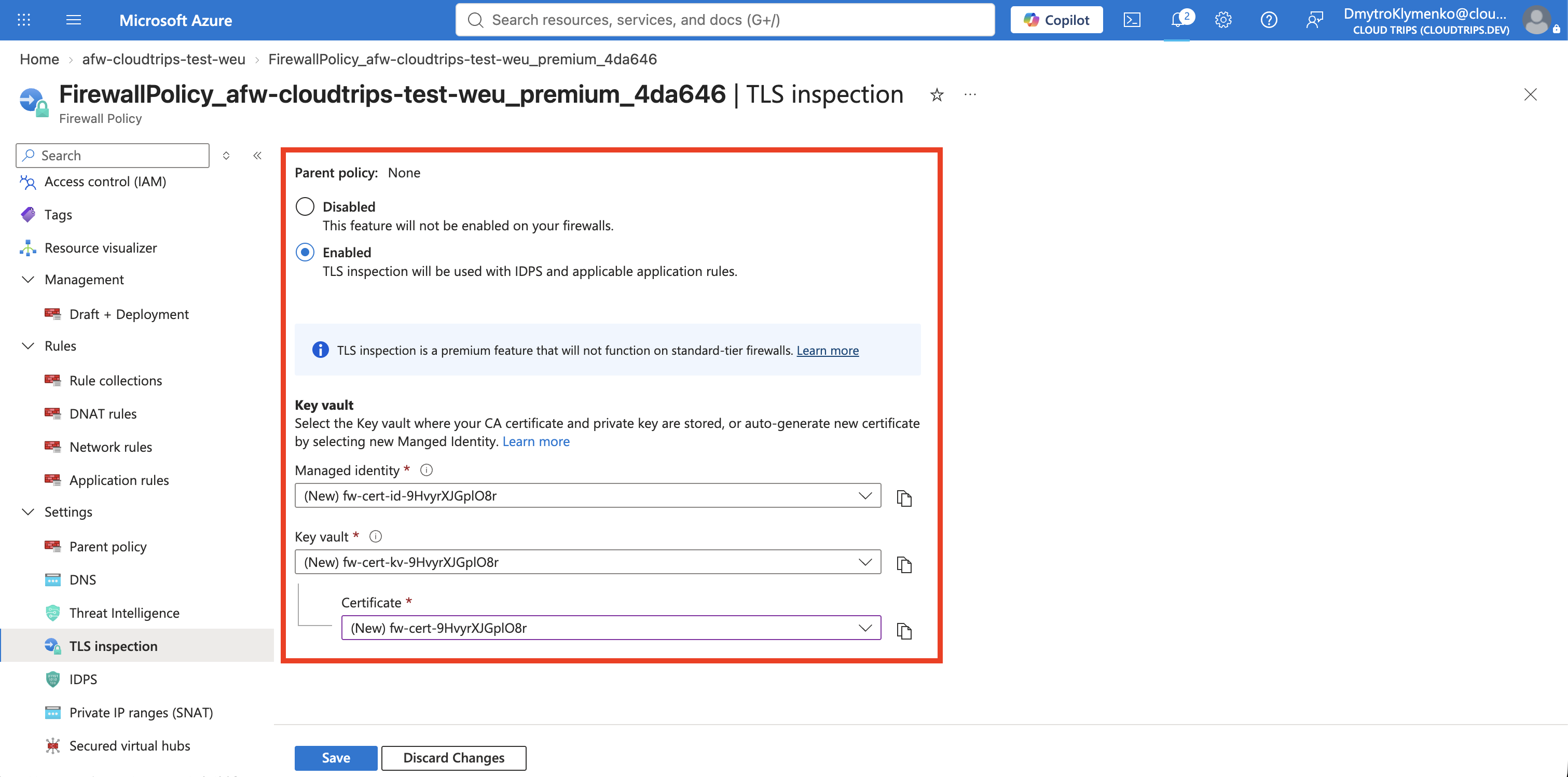 Premium Firewall Policy TLS inspection page showing the generated managed identity, Key Vault, and CA certificate