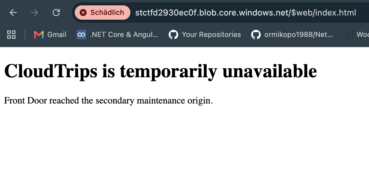 Statische Azure-Storage-Website in North Europe mit der CloudTrips-Maintenance-Seite an ihrem Primary Endpoint