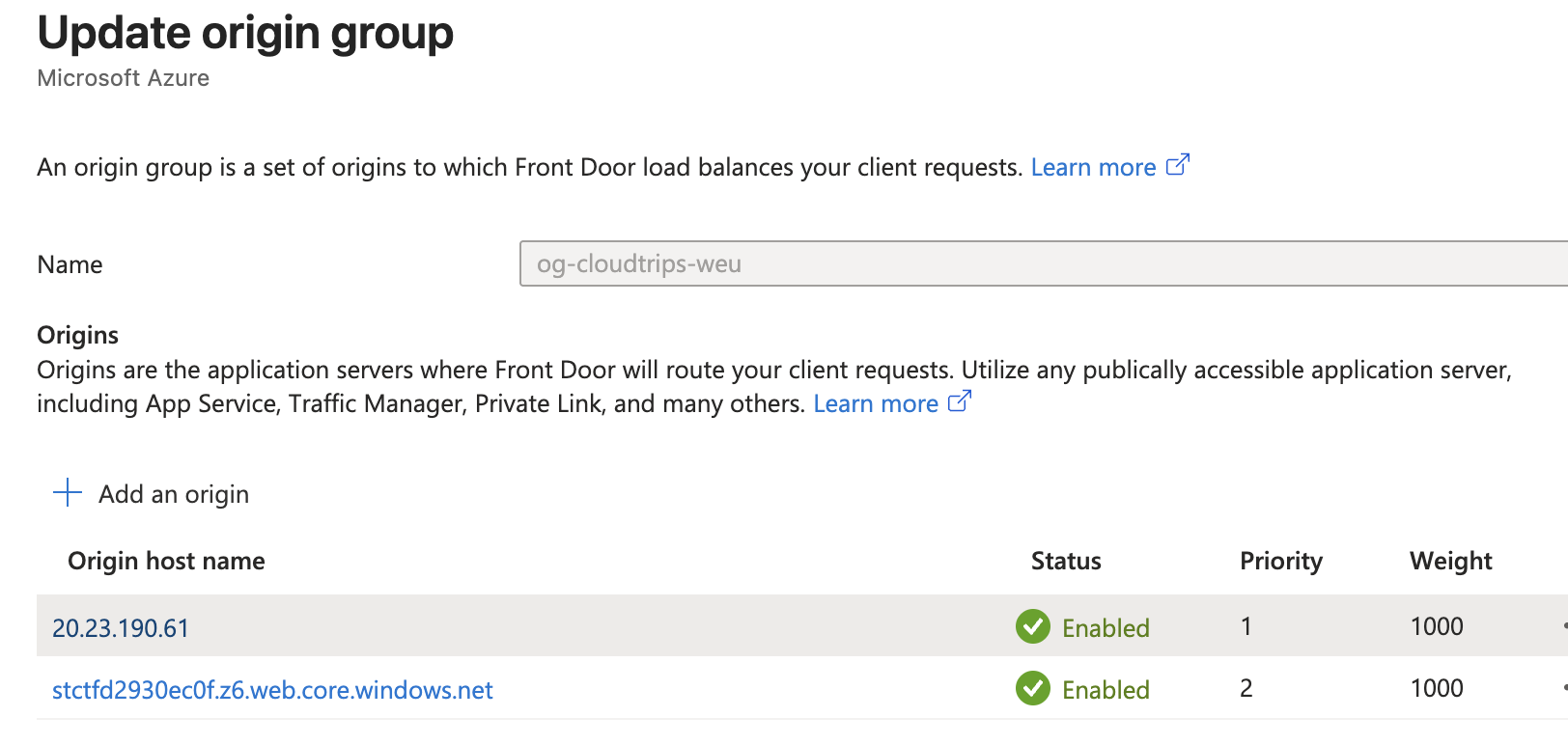 Azure-Front-Door-Origin-Group mit origin-appgw-weu auf Priorität 1 und origin-maintenance-neu auf Priorität 2