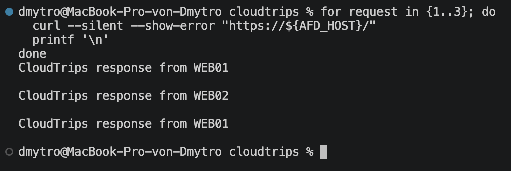 Lokales Terminal, in dem der Front-Door-Endpunkt die primäre CloudTrips-Anwendung statt des Maintenance-Origins zurückgibt