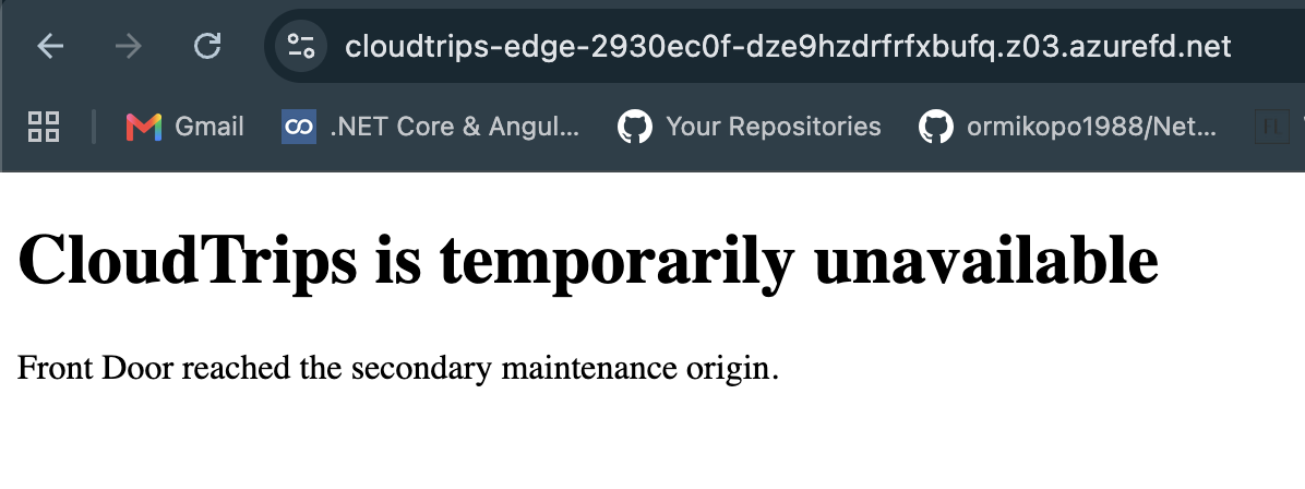 Browser mit der CloudTrips-Maintenance-Seite über den unveränderten Azure-Front-Door-Endpunkt nach Deaktivierung des primären Origins
