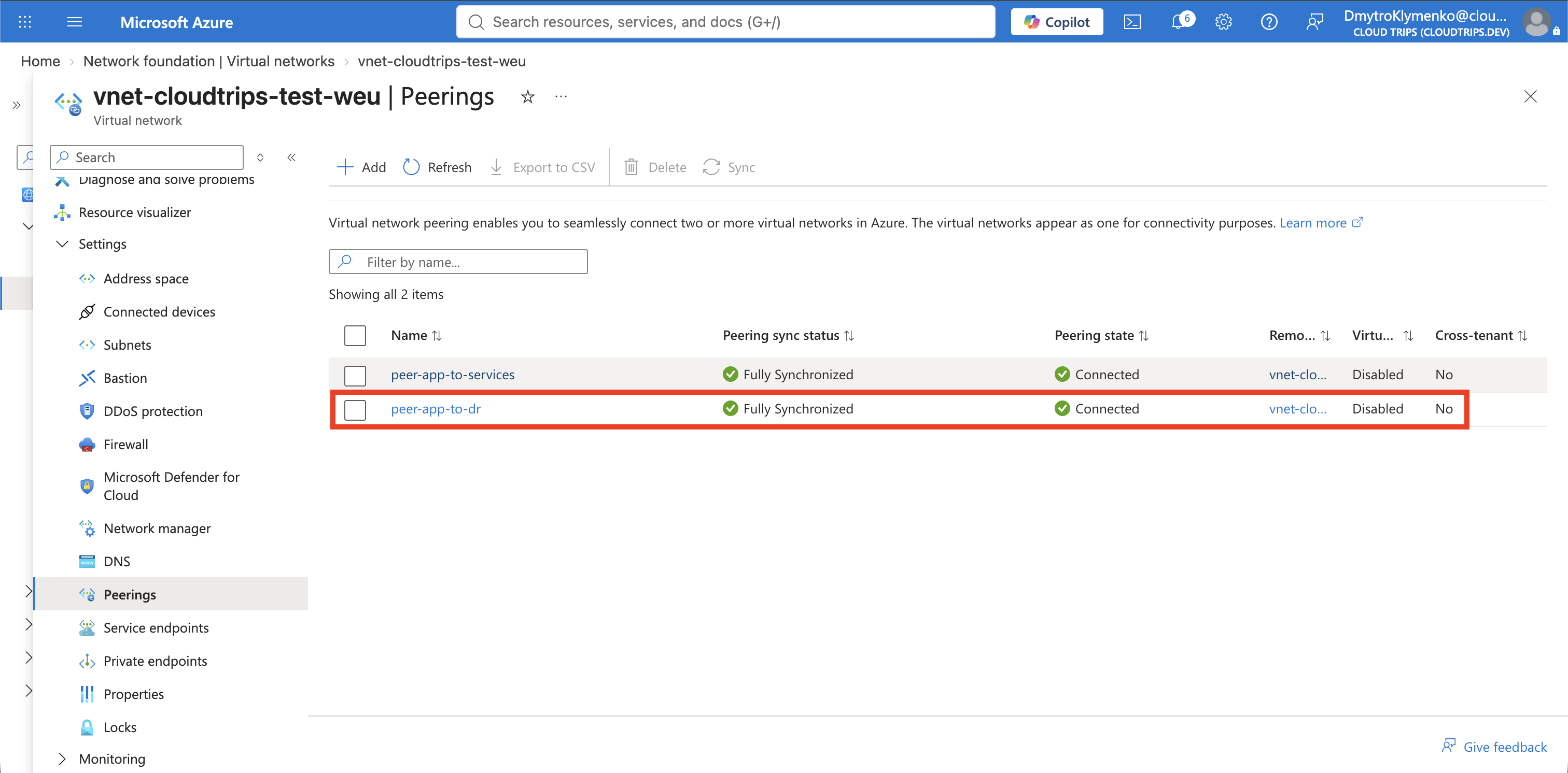 CloudTrips-Seite Peerings mit dem verbundenen globalen Peering zwischen Anwendung und DR