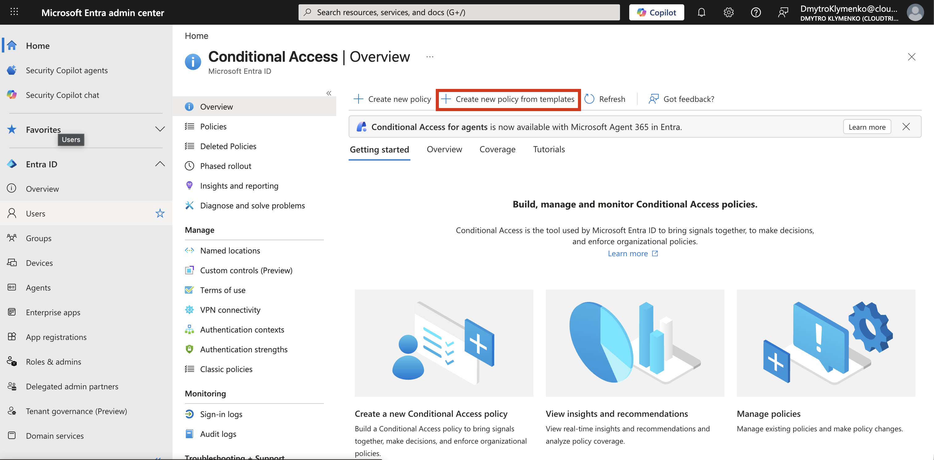 Conditional Access Policies-Seite mit der Option New policy from template