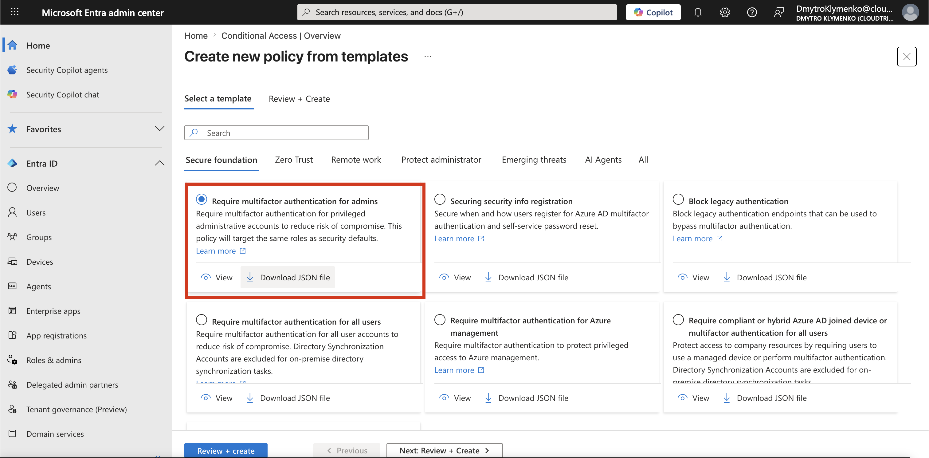 Conditional Access Template-Auswahl mit Require multifactor authentication for admins