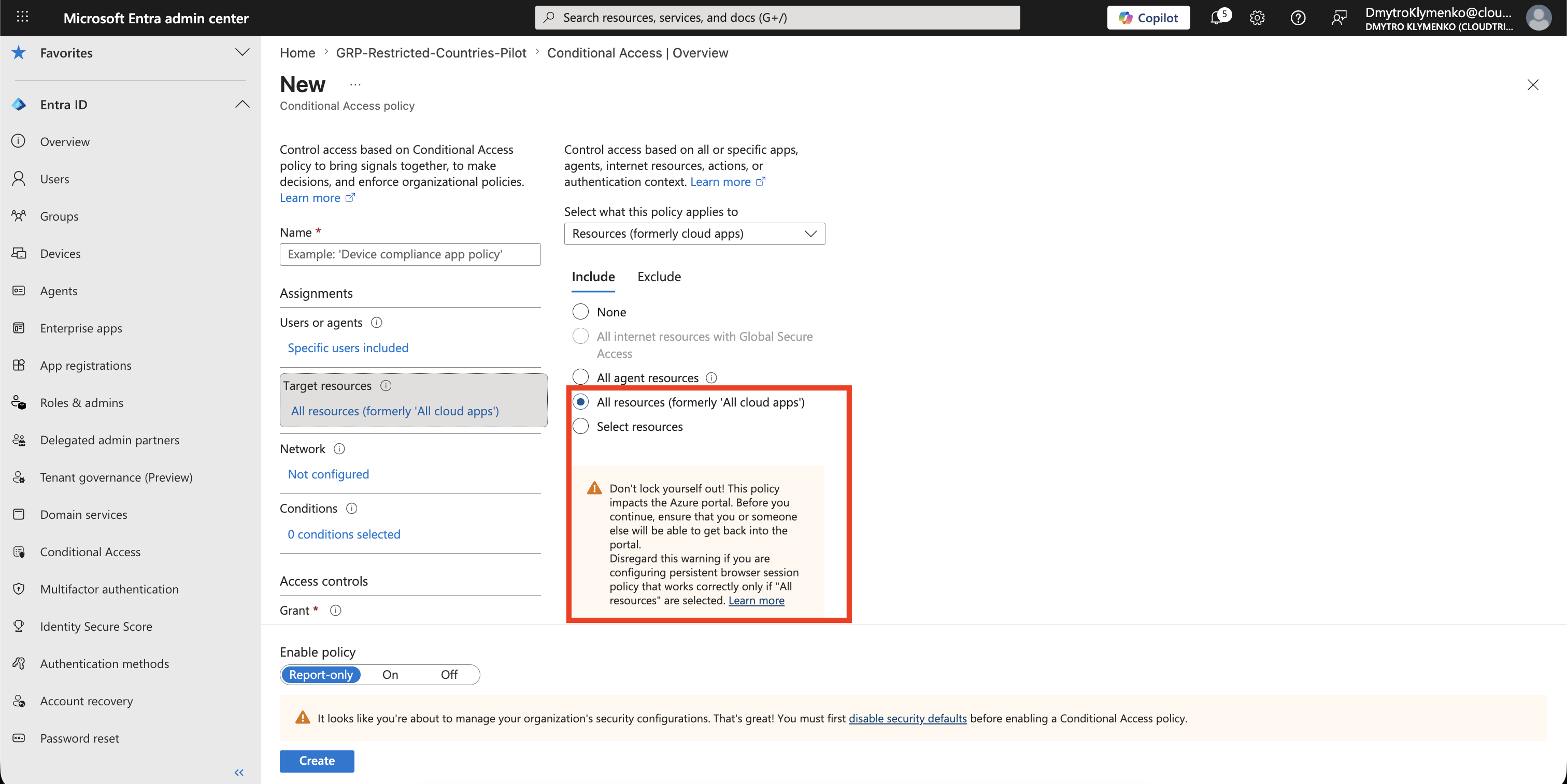 Conditional Access Target Resources mit ausgewaehlten All resources