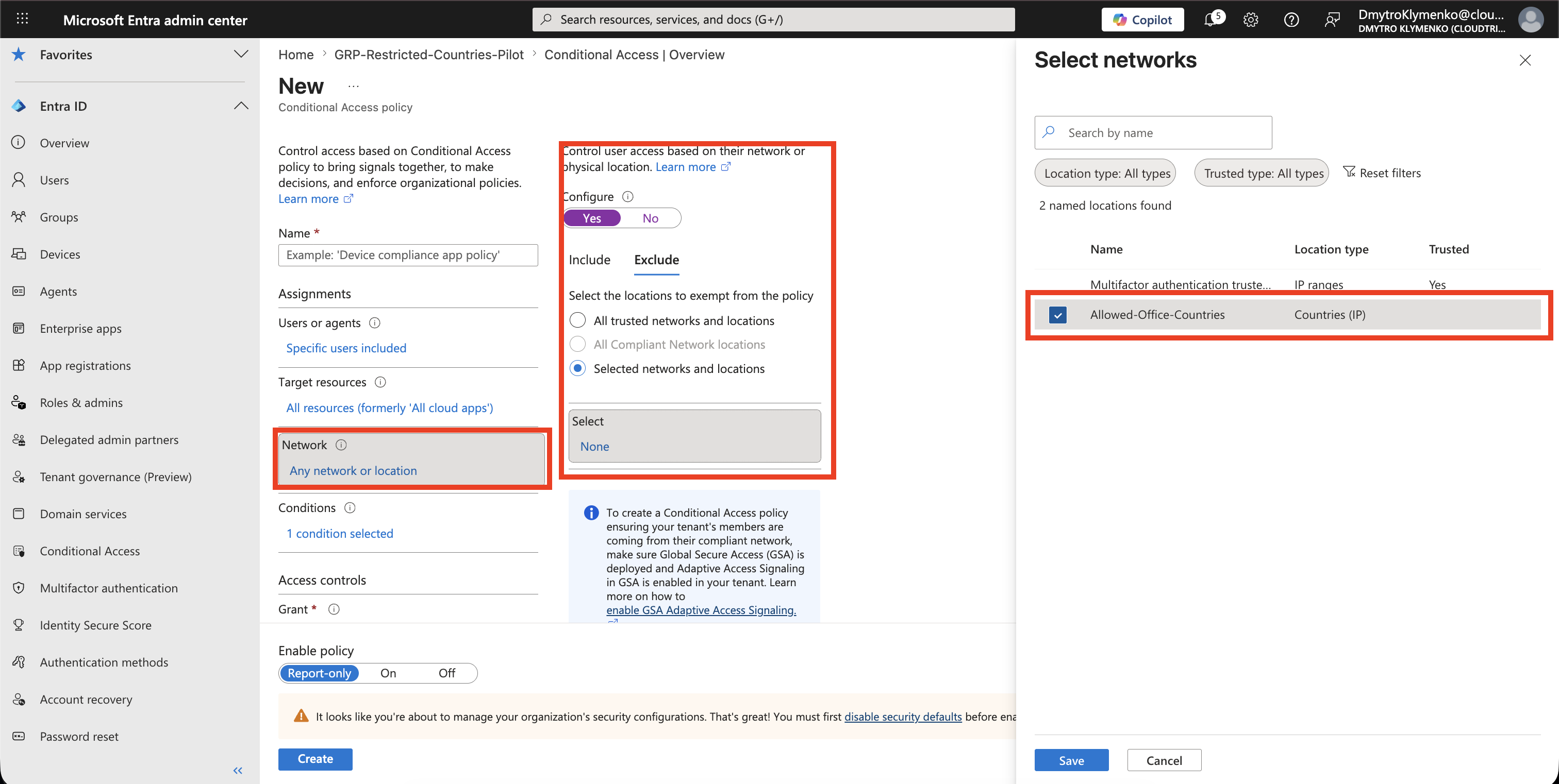 Conditional Access Network Condition mit ausgeschlossener Allowed-Office-Countries Named Location