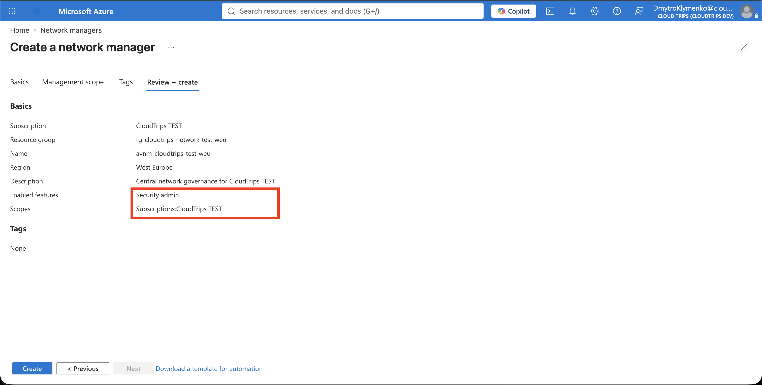 Azure Virtual Network Manager mit Scope CloudTrips TEST und Security-Admin-Zugriff
