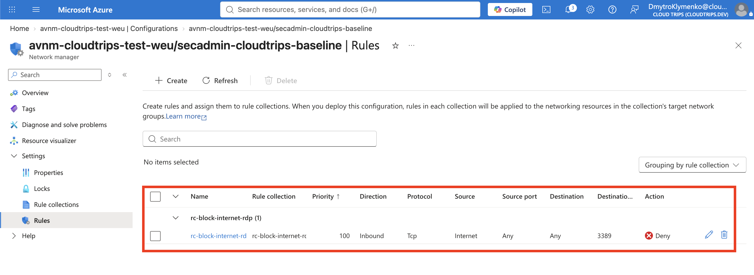 Security Admin Configuration mit zentralem eingehendem RDP-Deny für die CloudTrips Network Group