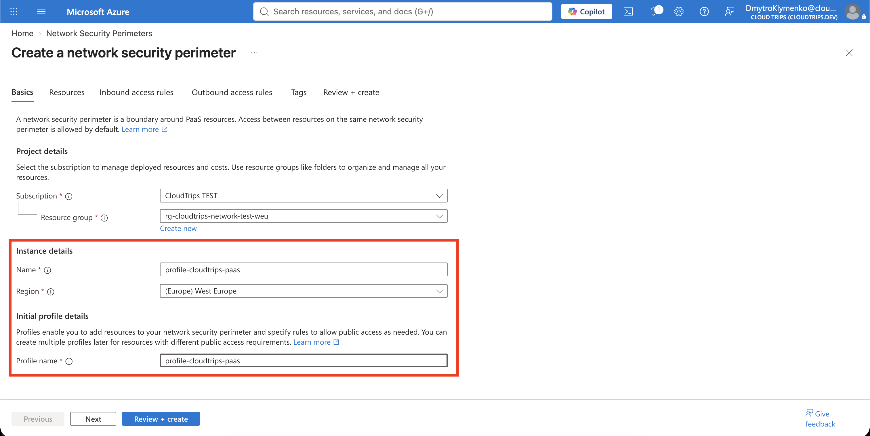 Erstellung des Network Security Perimeter mit dem CloudTrips-PaaS-Profil